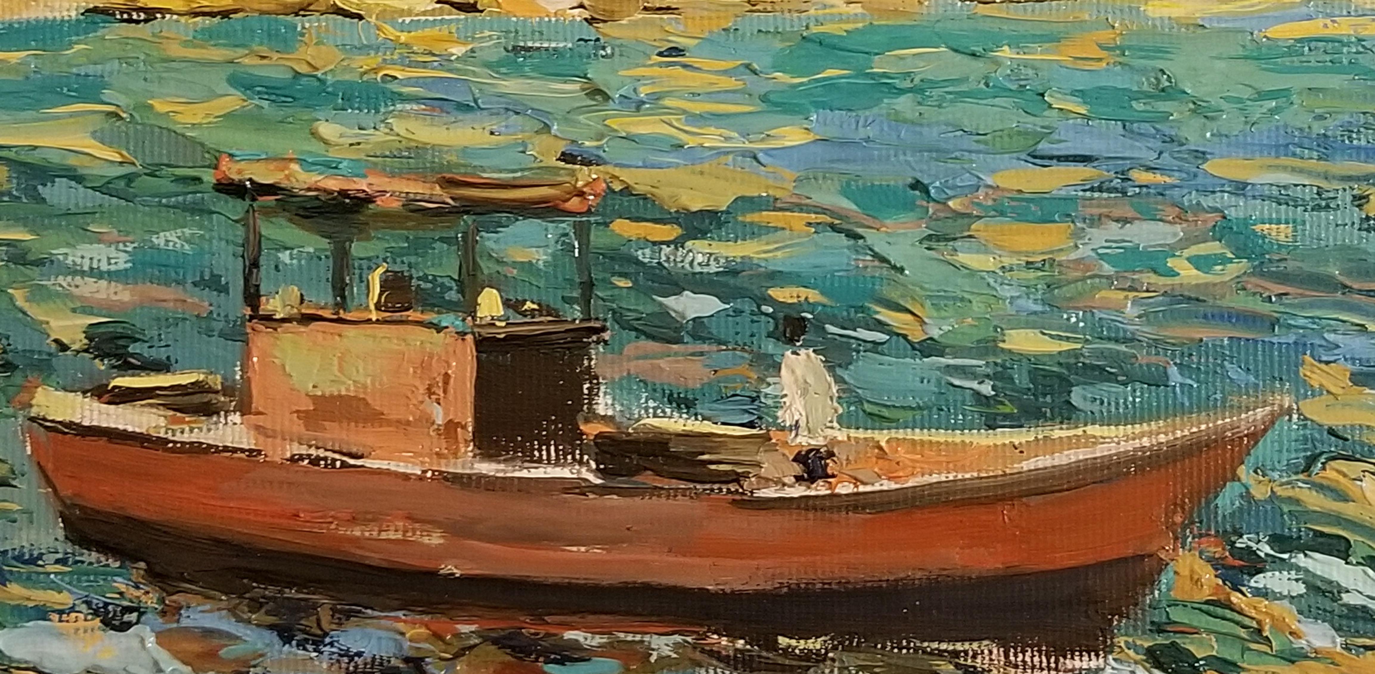 Red Boat, Coastal, Impressionism, Original oil Painting, One of a Kind - Brown Landscape Painting by Ara H. Hakobyan