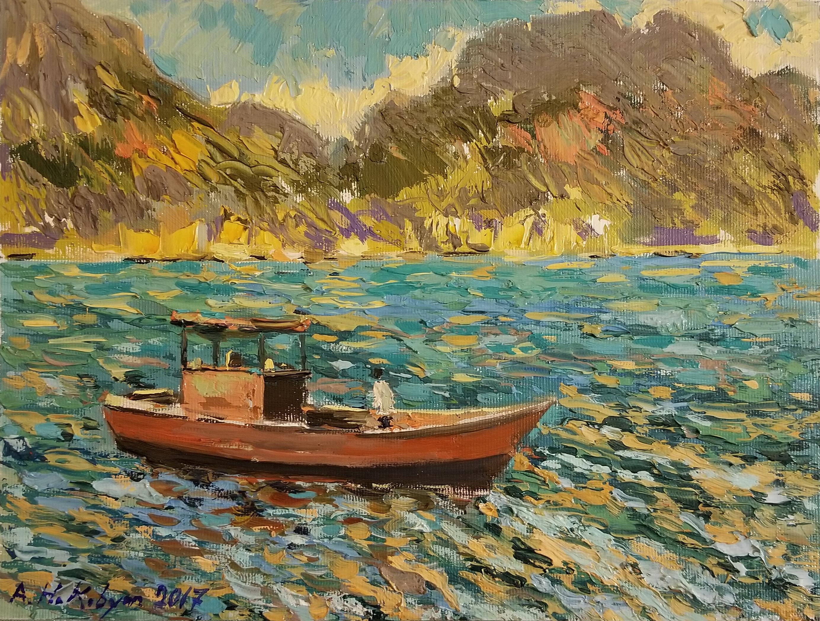 Ara H. Hakobyan Landscape Painting - Red Boat, Coastal, Impressionism, Original oil Painting, One of a Kind