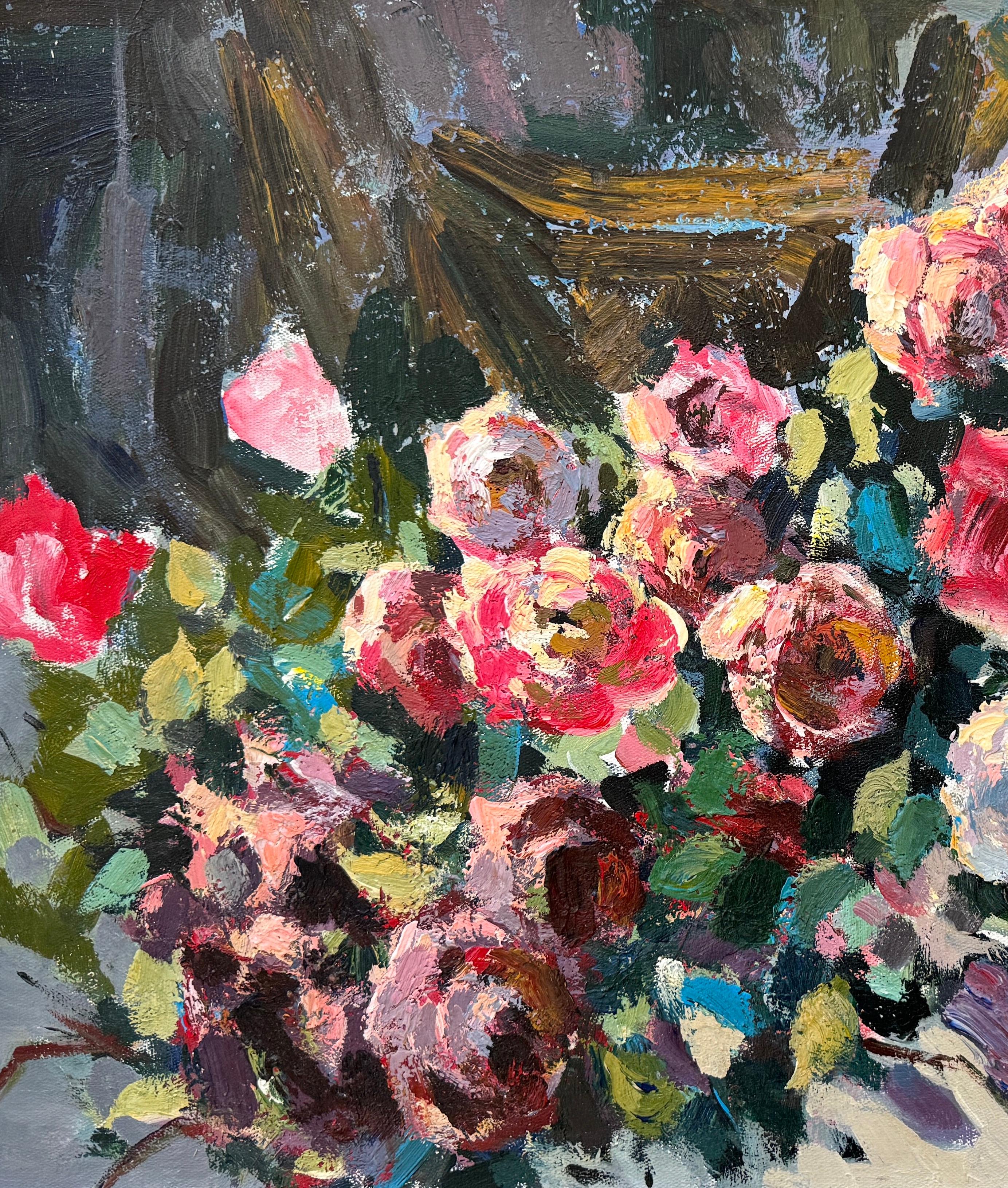 Roses, Flowers, Impressionism, Original oil Painting, One of a Kind - Black Landscape Painting by Ara H. Hakobyan