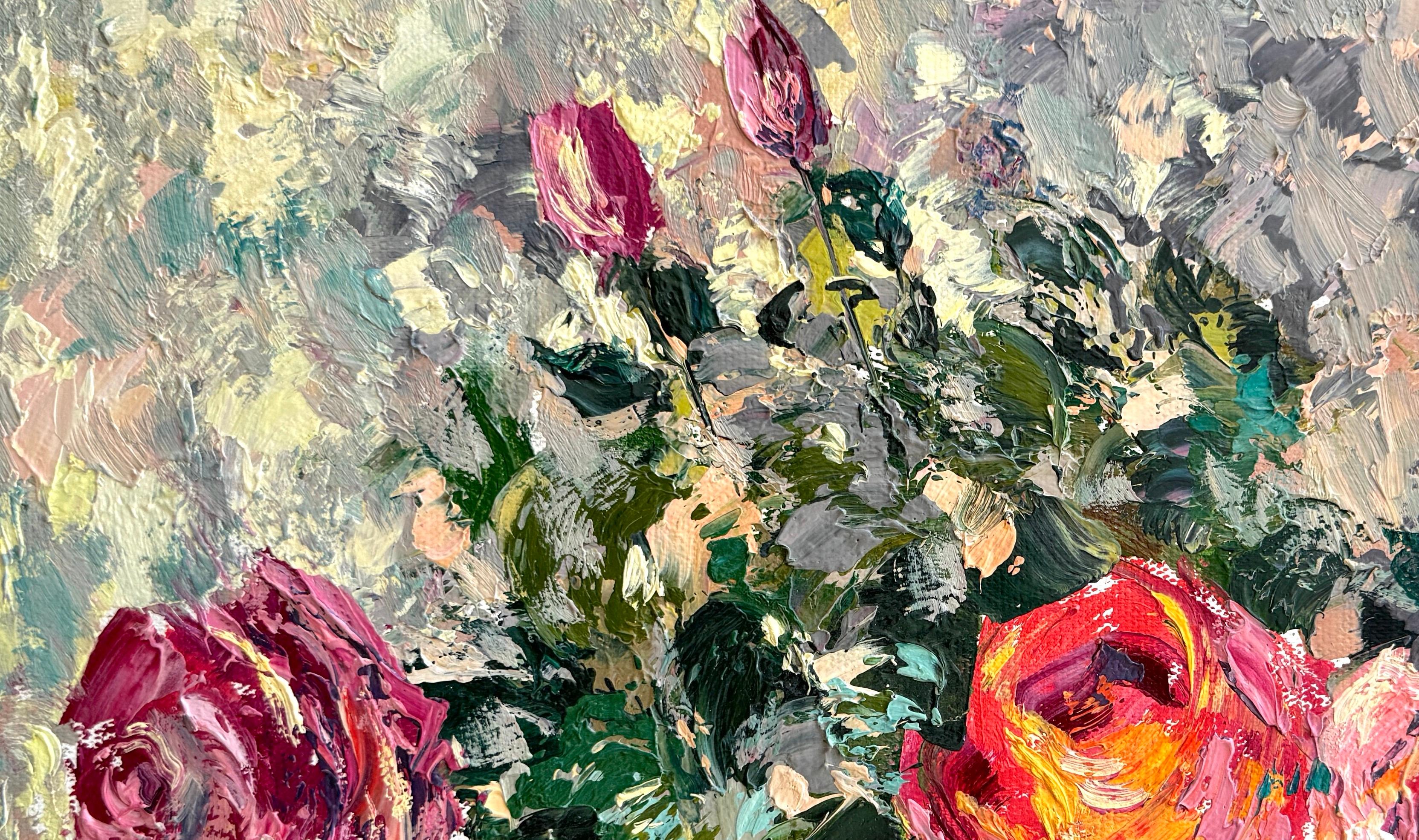 Roses, Flowers, Impressionism, Original oil Painting, One of a Kind For Sale 1