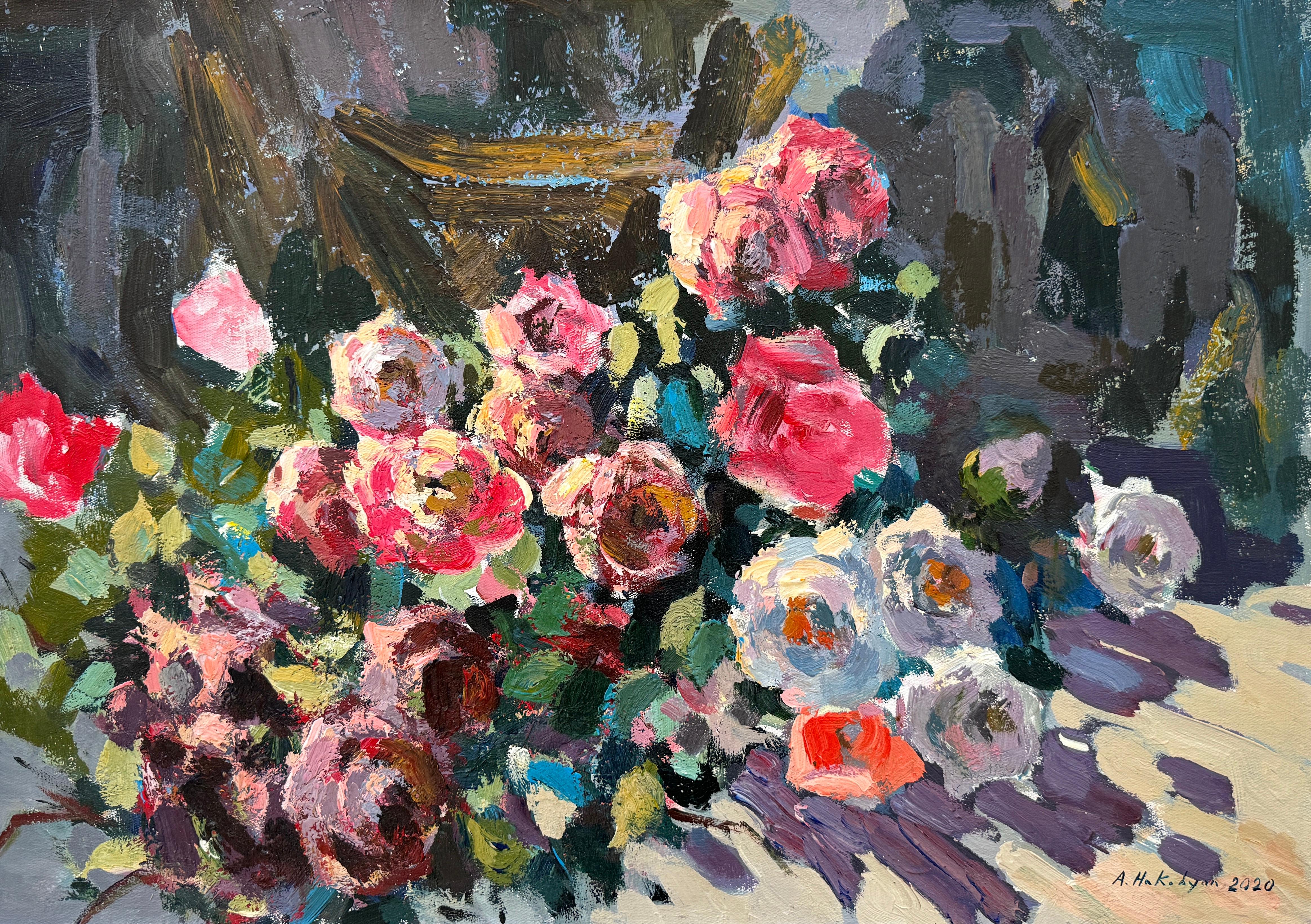 Ara H. Hakobyan Landscape Painting - Roses, Flowers, Impressionism, Original oil Painting, One of a Kind