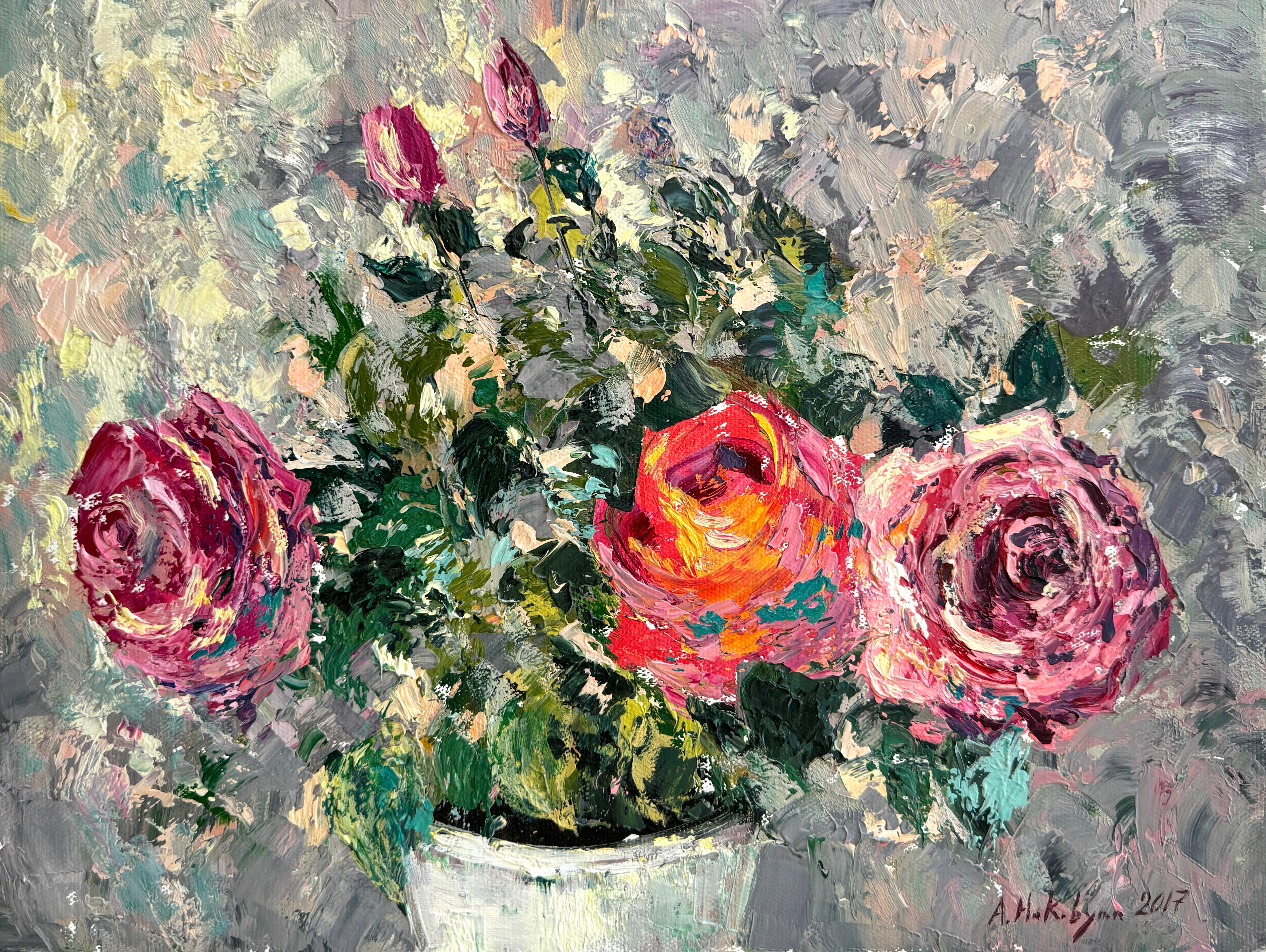 Roses, Blumen, Impressionismus, Original-Ölgemälde, Unikat