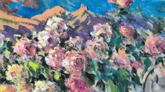 Roses in Terrace, Flowers, Impressionism, Original oil Painting, One of a Kind