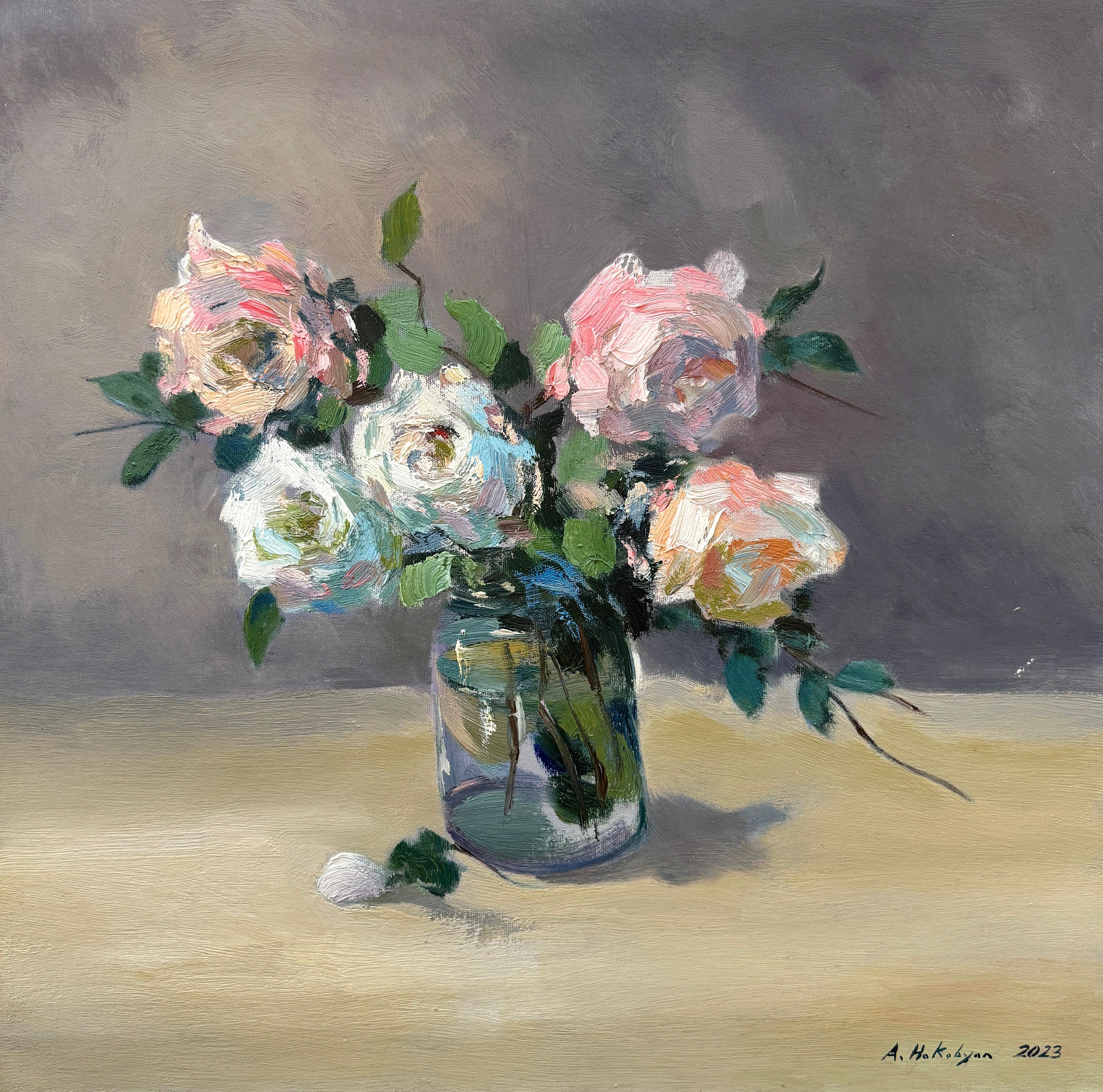 Ara H. Hakobyan Still-Life Painting – Roses, Stillleben Blumen, Impressionismus, Original-Ölgemälde, Unikat