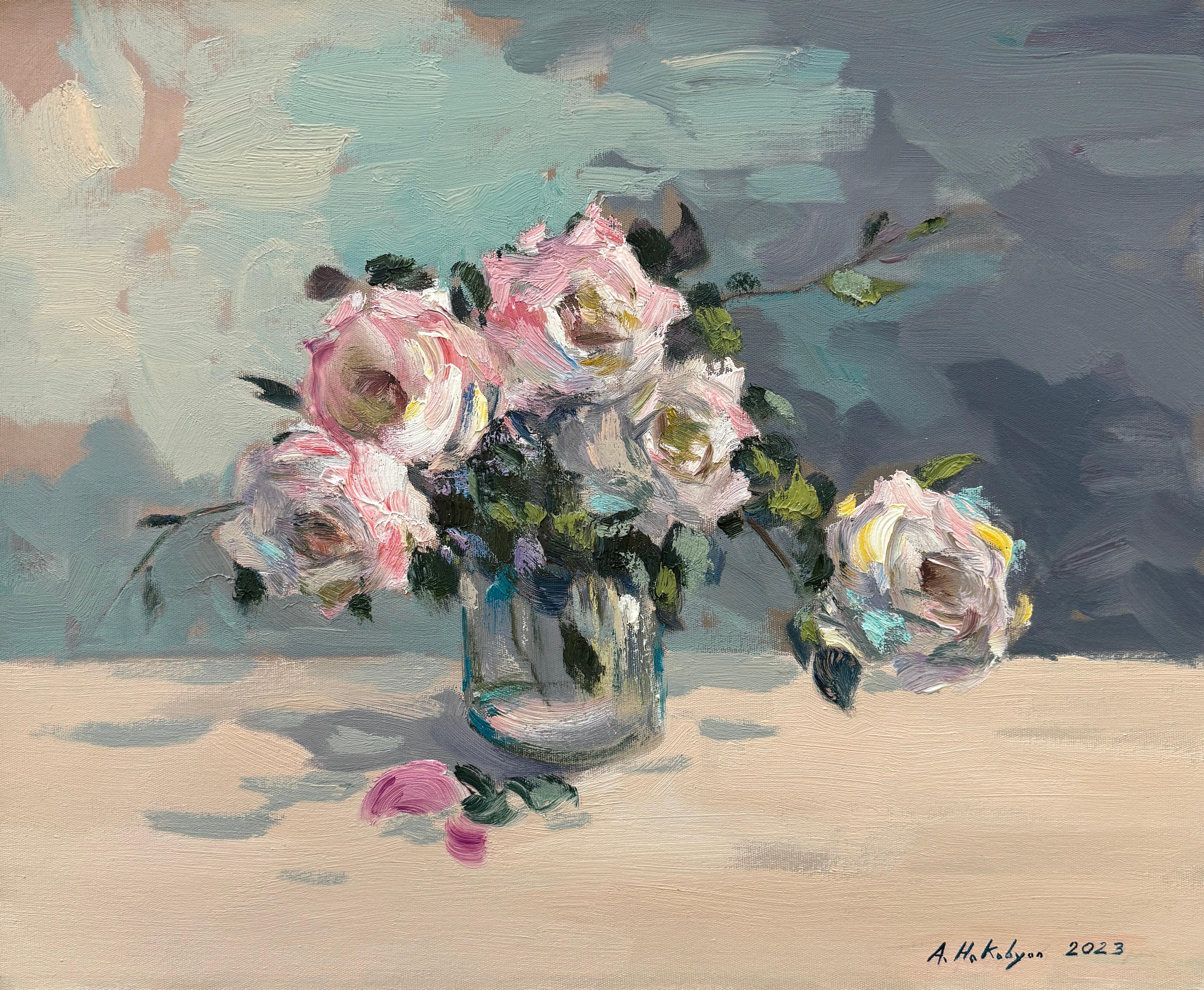 Roses, natures mortes impressionnistes, peinture à l'huile originale, unique en son genre - Painting de Ara H. Hakobyan