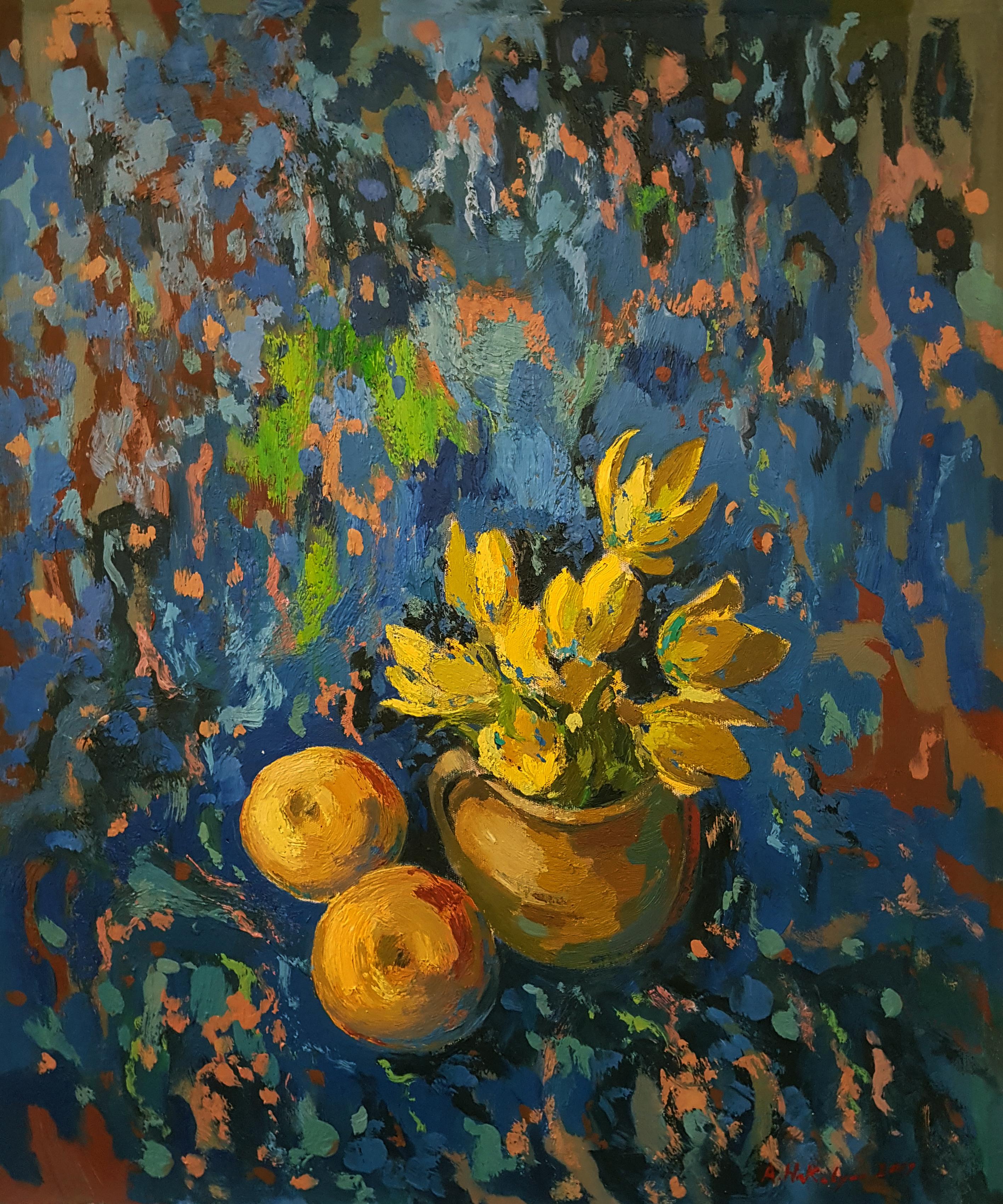 Nature morte en bleu et jaune, peinture à l'huile originale, unique en son genre
