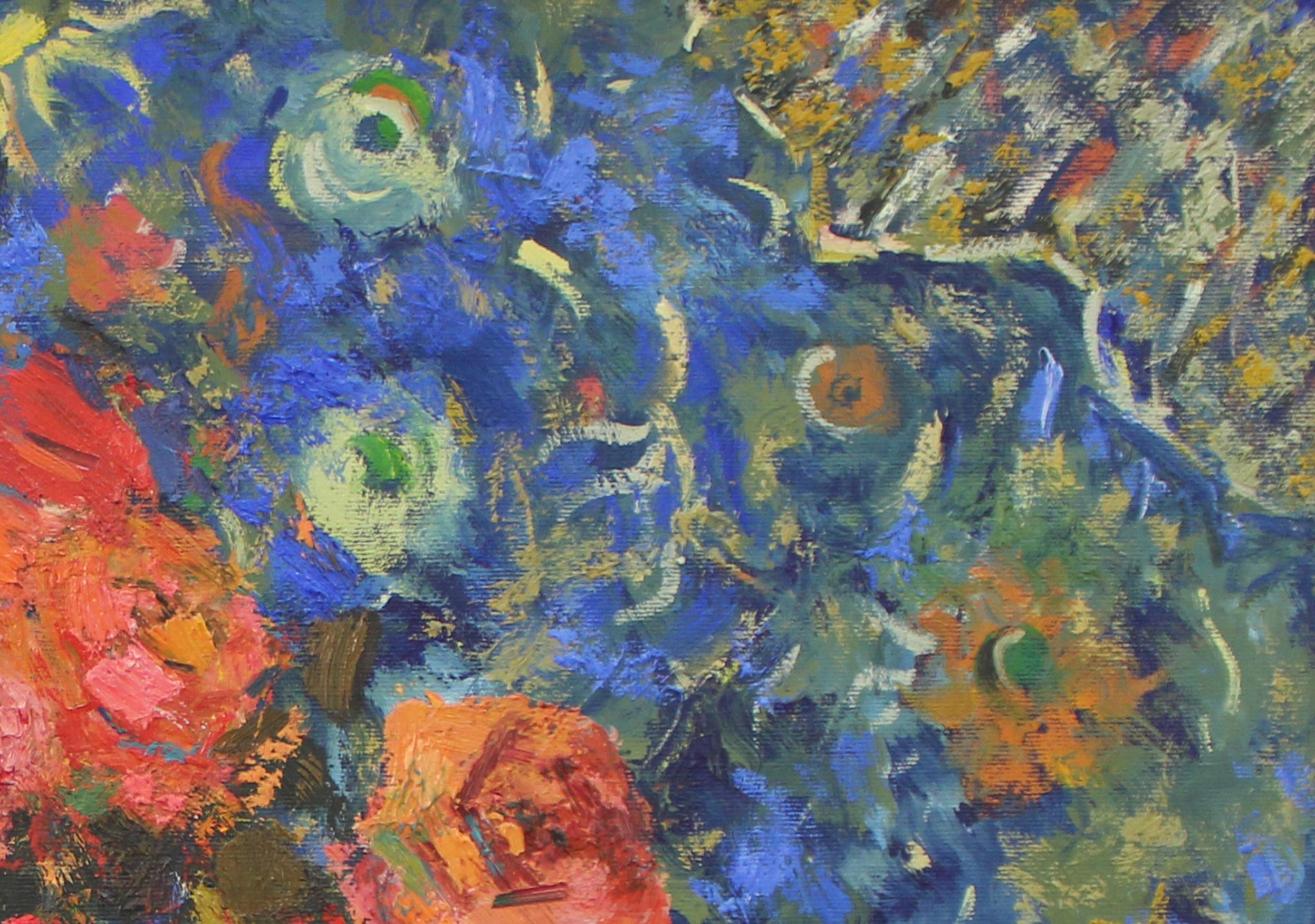 Stillleben in Blau, Blumen, Original-Ölgemälde, Unikat (Grau), Still-Life Painting, von Ara H. Hakobyan