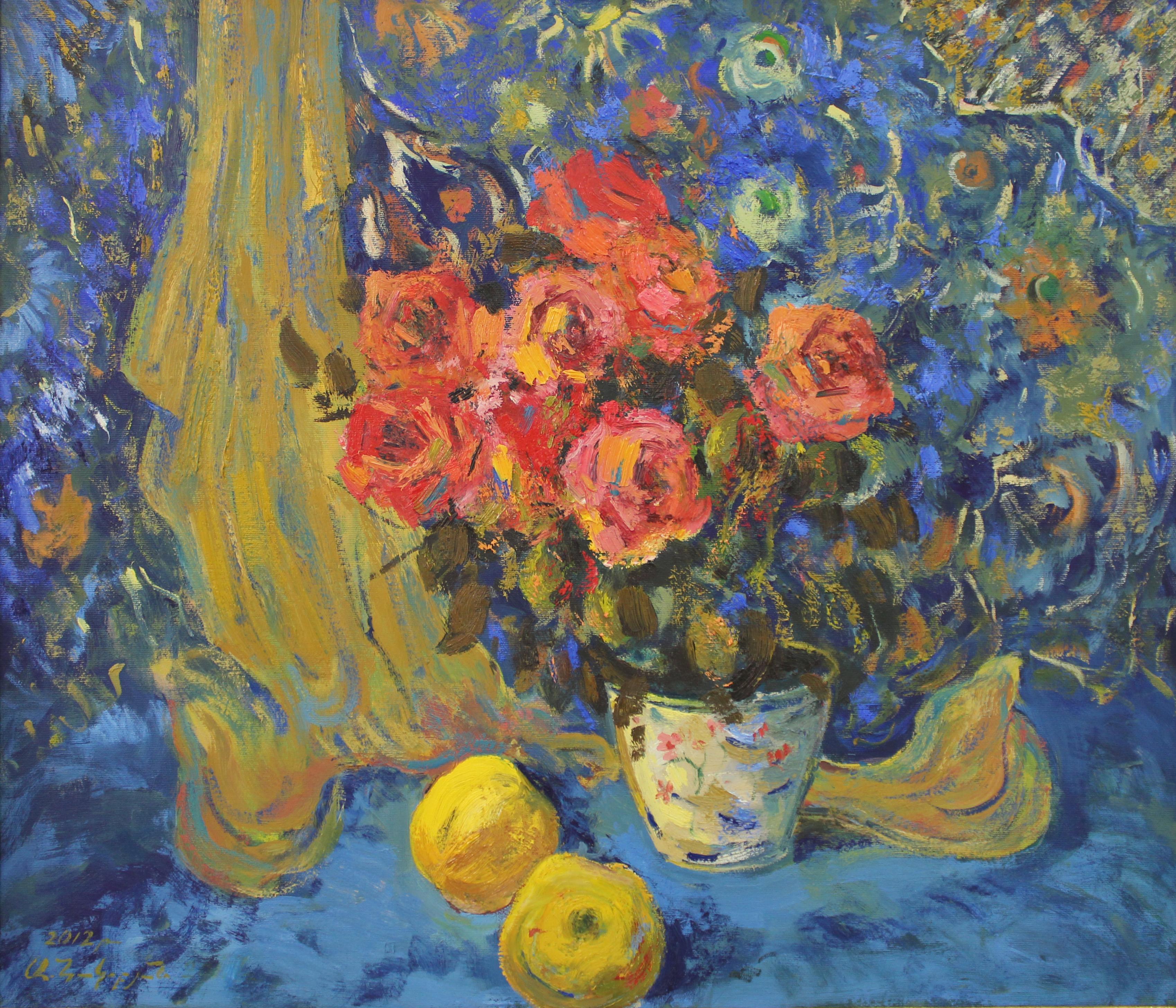 Ara H. Hakobyan Still-Life Painting – Stillleben in Blau, Blumen, Original-Ölgemälde, Unikat