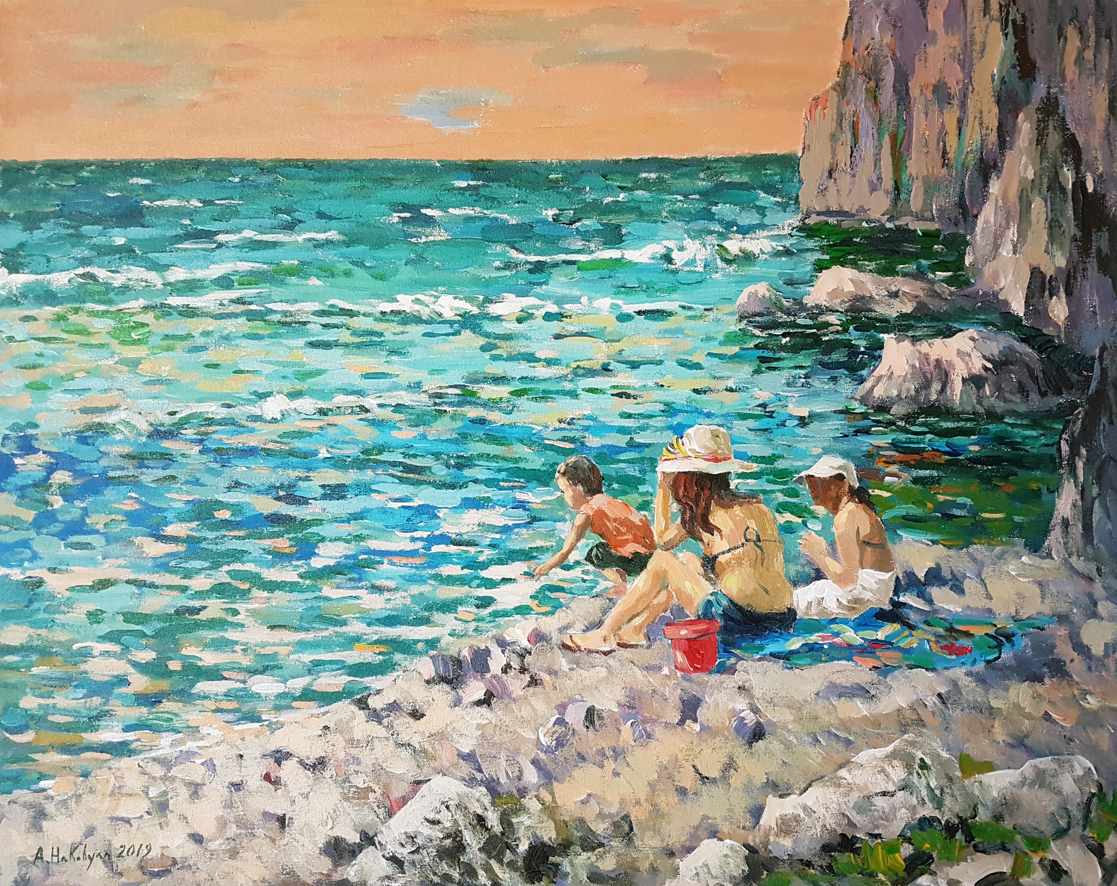 Stony Beach, Impressionism, Original Oil Painting, One of a Kind