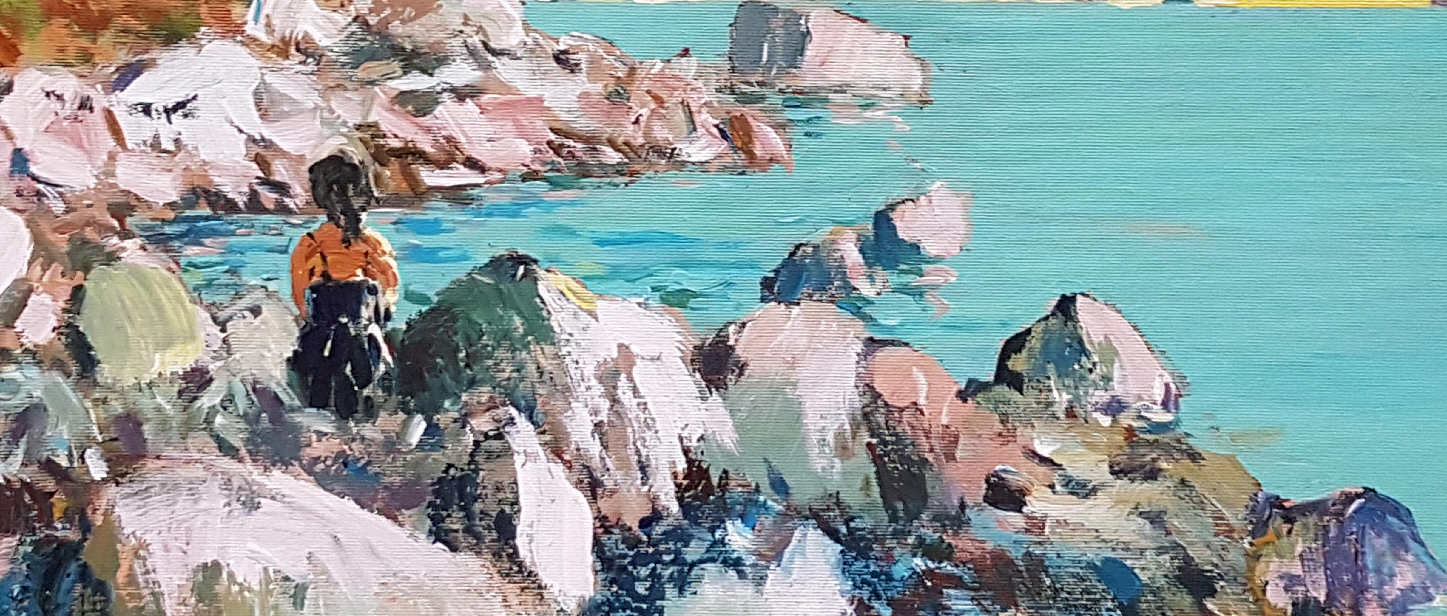 Stony Beach, Cliffs, Impressionism Original Painting, One of a Kind - Brown Figurative Painting by Ara H. Hakobyan