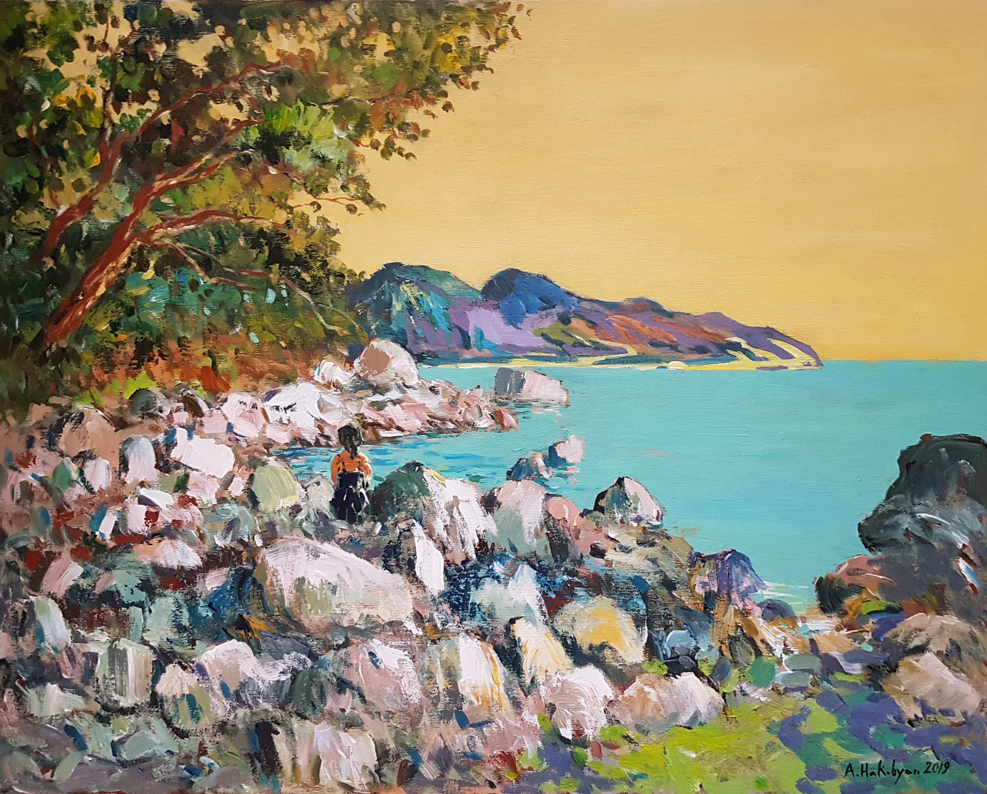 Ara H. Hakobyan Figurative Painting - Stony Beach, Cliffs, Impressionism Original Painting, One of a Kind