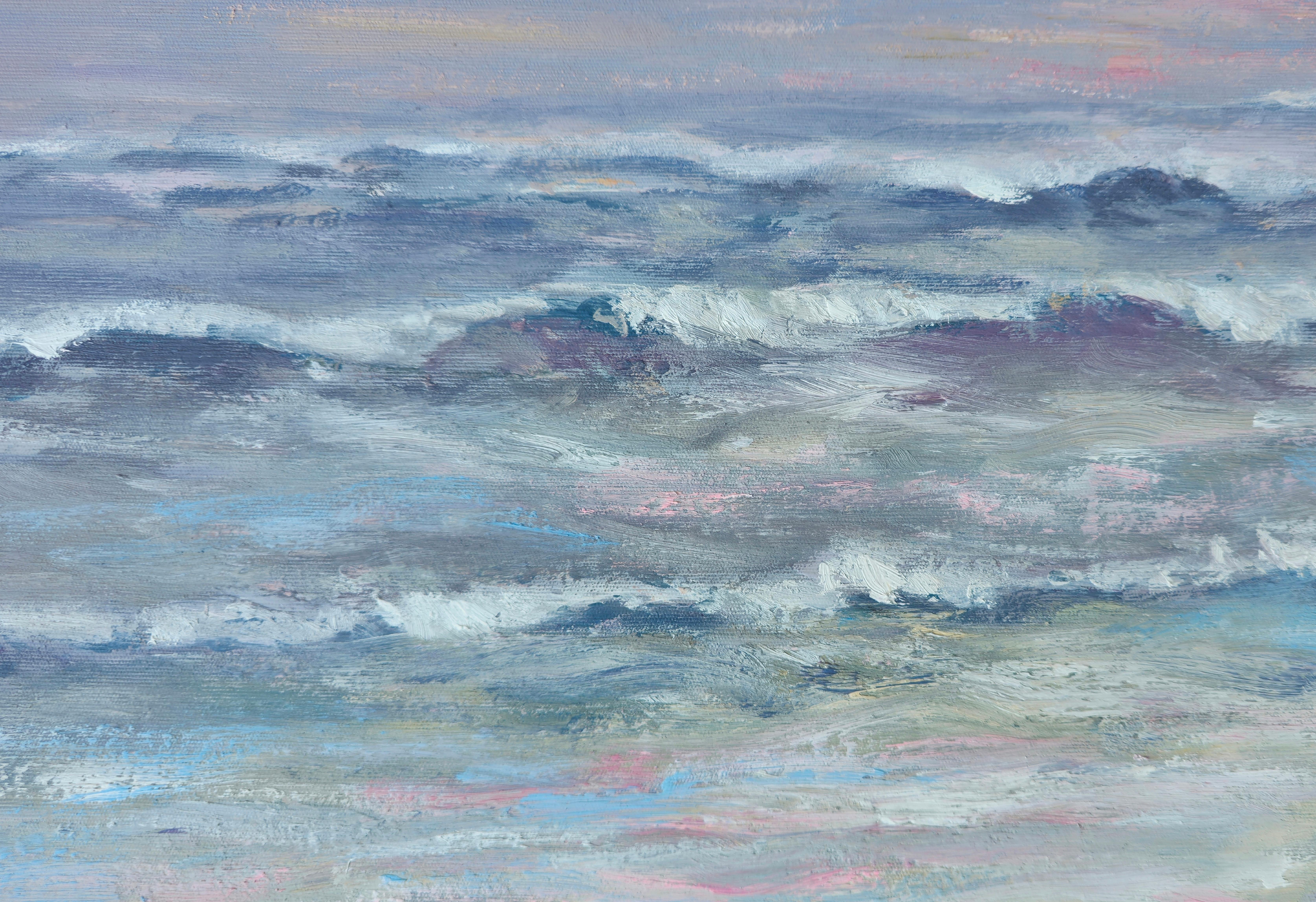 Costa estiva, Impressionismo, Pittura ad olio originale, Pezzo unico - Figurative Painting Blu di Ara H. Hakobyan
