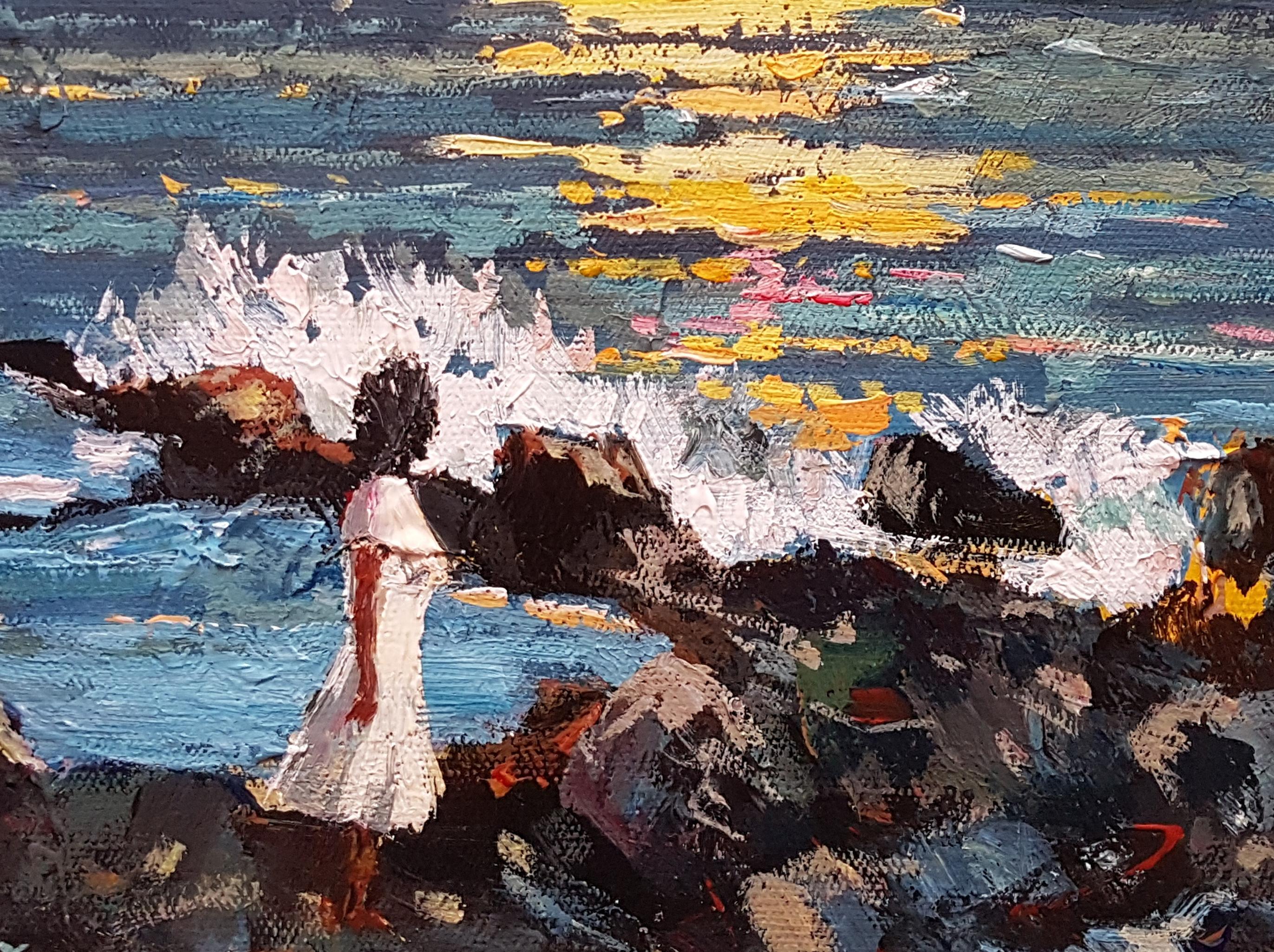 Sunset, Seascape, Original oil Painting, One of a Kind - Gray Landscape Painting by Ara H. Hakobyan