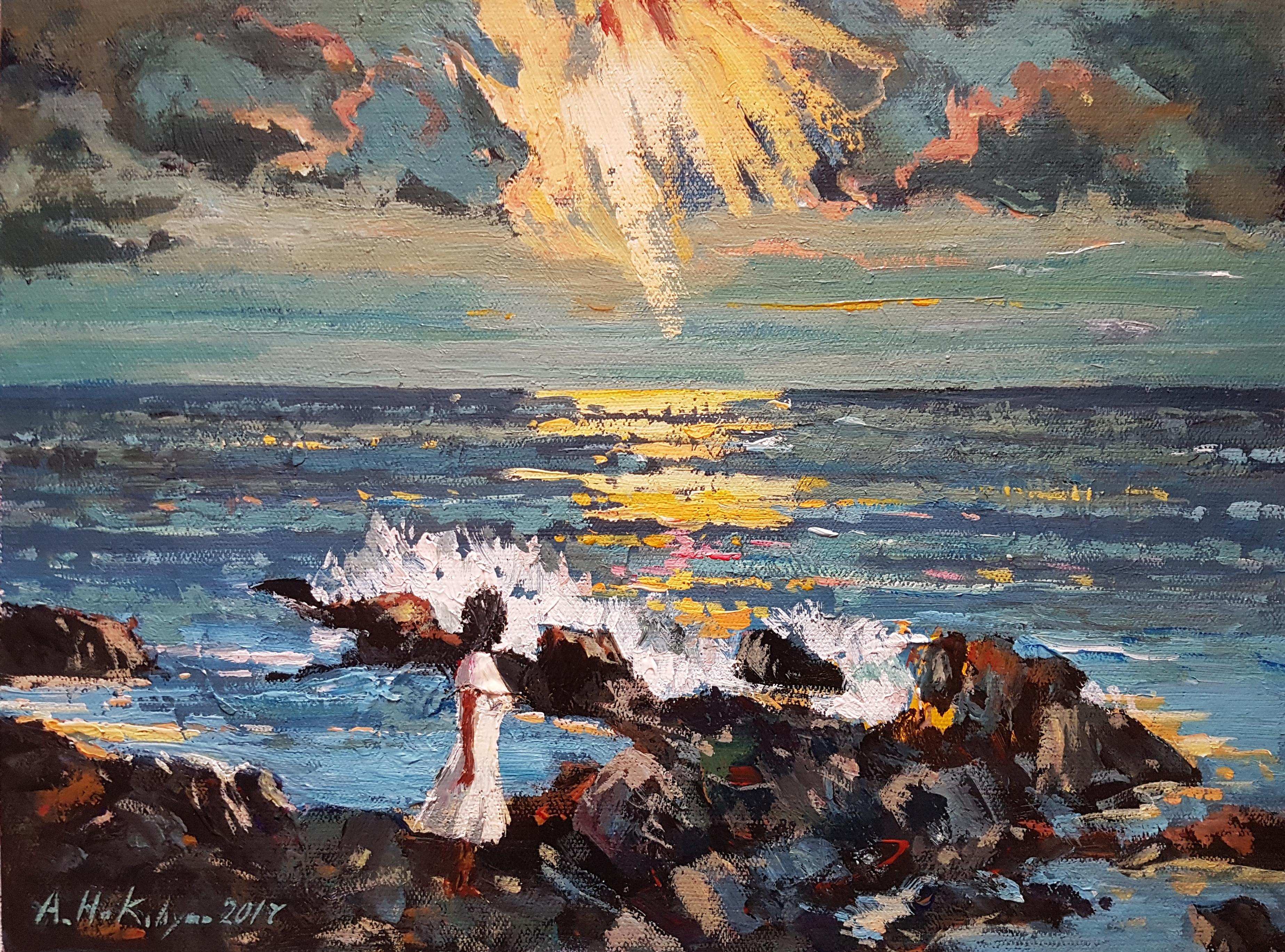 Coucher de soleil, paysage marin, peinture à l'huile originale, unique en son genre