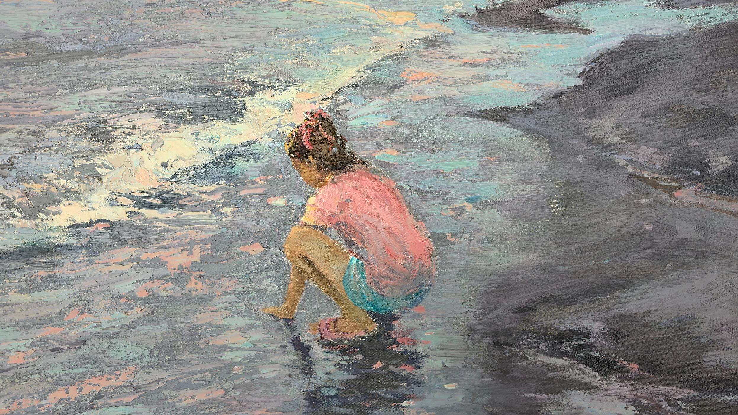 La chica y el mar, Figurativo, Costero, Pintura al óleo original, Único en su género - Painting Académico de Ara H. Hakobyan