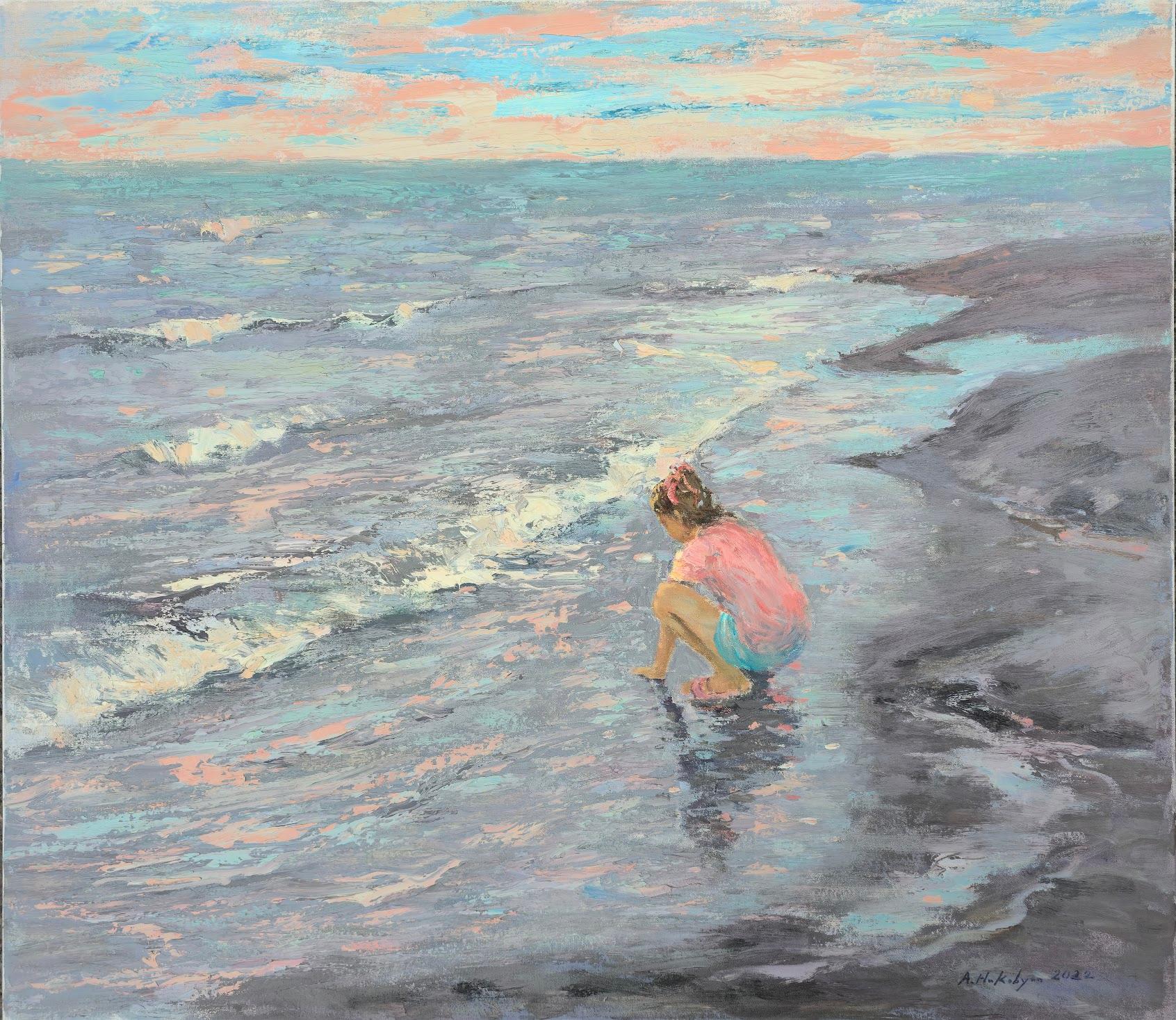 Ara H. Hakobyan Figurative Painting - The Girl and the Sea, Figurative, Coastal, Original oil Painting, One of a Kind