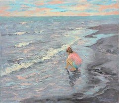 La fille et la mer, figuratif, côtier, peinture à l'huile originale, unique en son genre