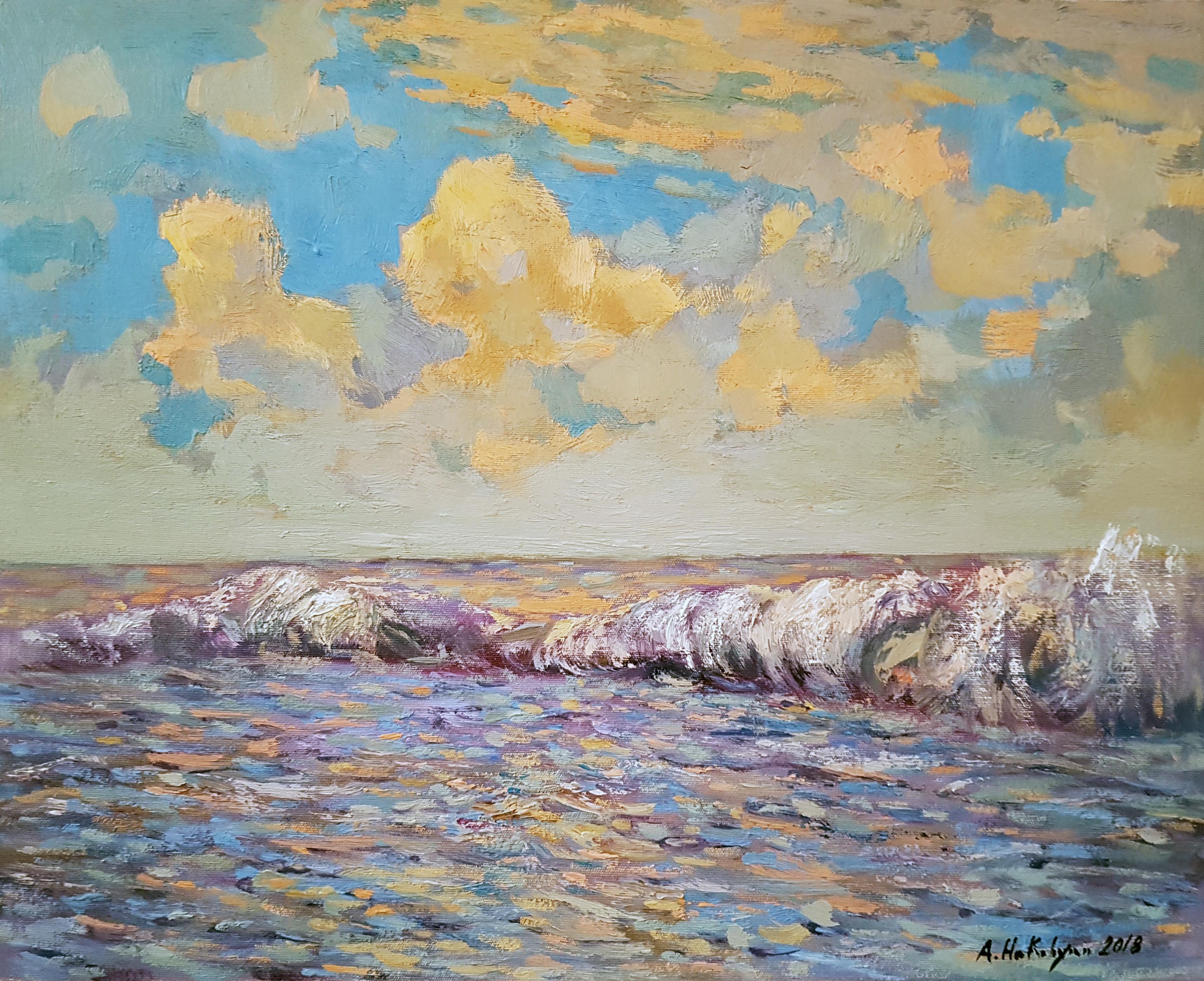 Ara H. Hakobyan Landscape Painting - The Wave, Coastal, Impressionism, Original Oil Painting, One of a Kind