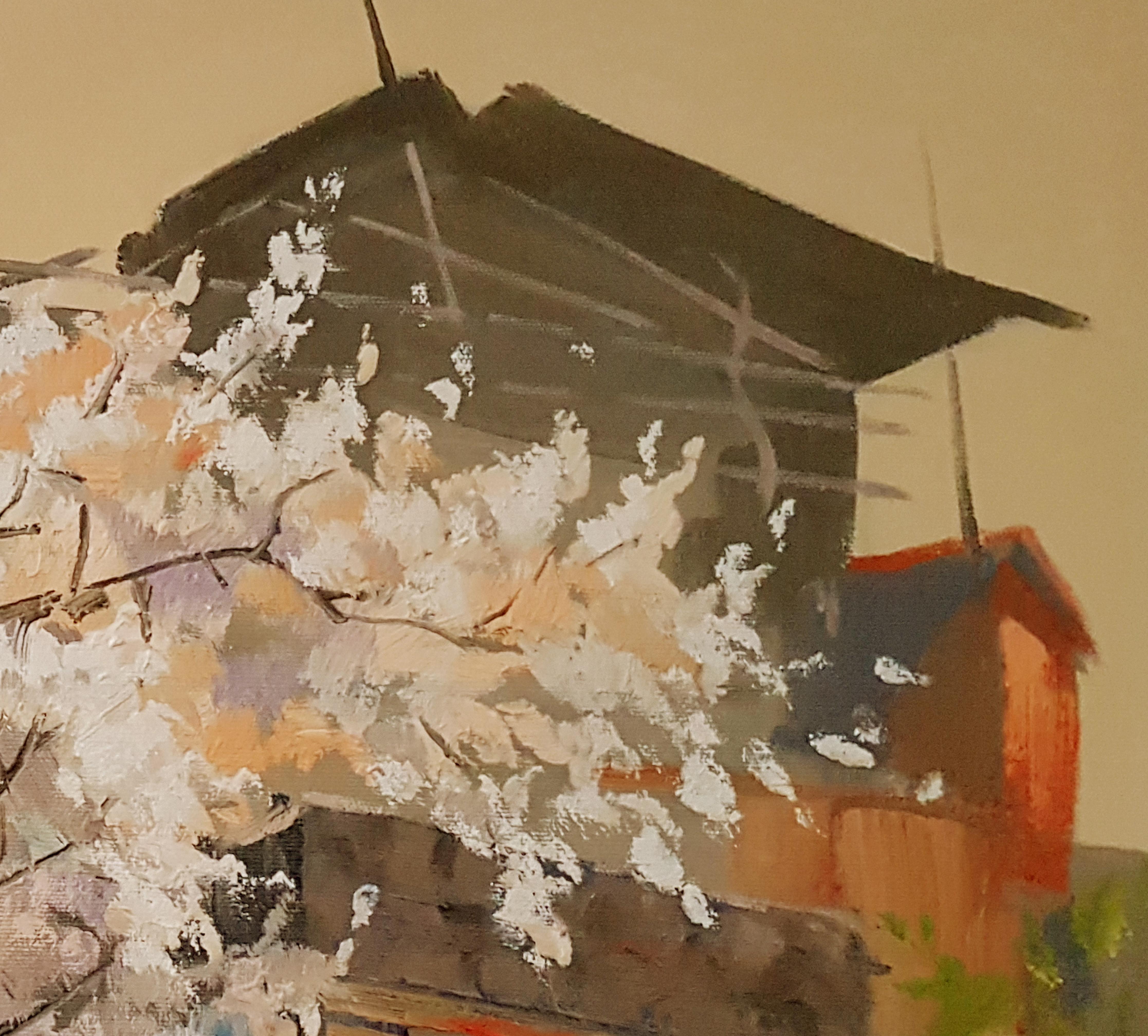 Sotto l'albero in fiore, Pittura a olio originale, pezzo unico - Painting di Ara H. Hakobyan