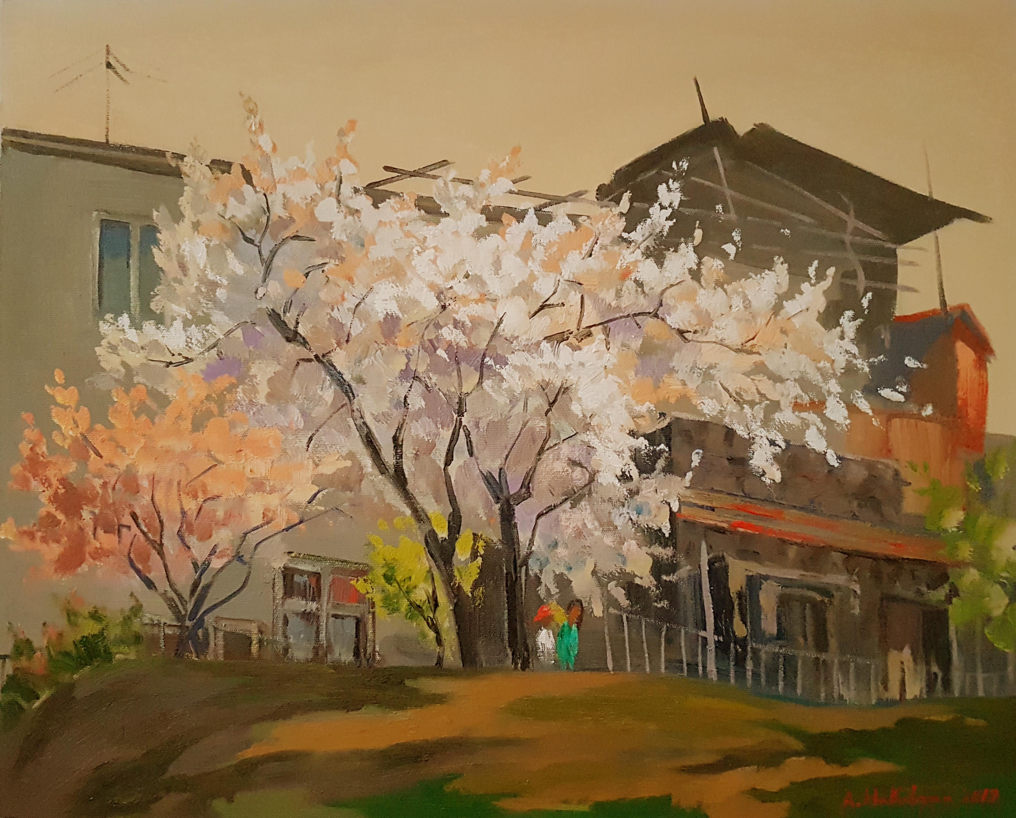 Ara H. Hakobyan Landscape Painting - Under the Blossomed Tree, Original oil Painting, One of a Kind