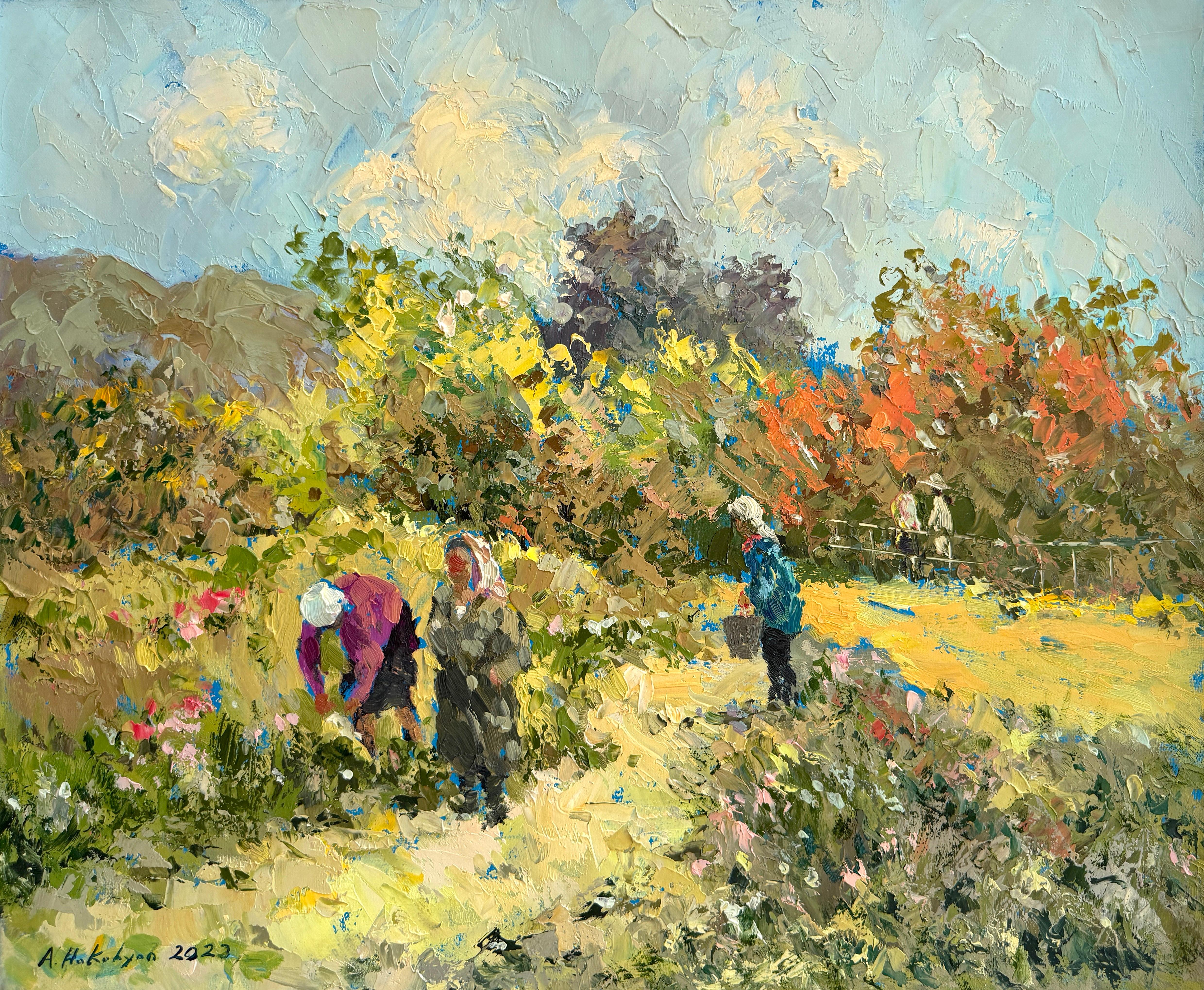 Landscape Painting Ara H. Hakobyan - Peinture à l'huile originale, Impressionnisme, automne, Village Road, unique en son genre