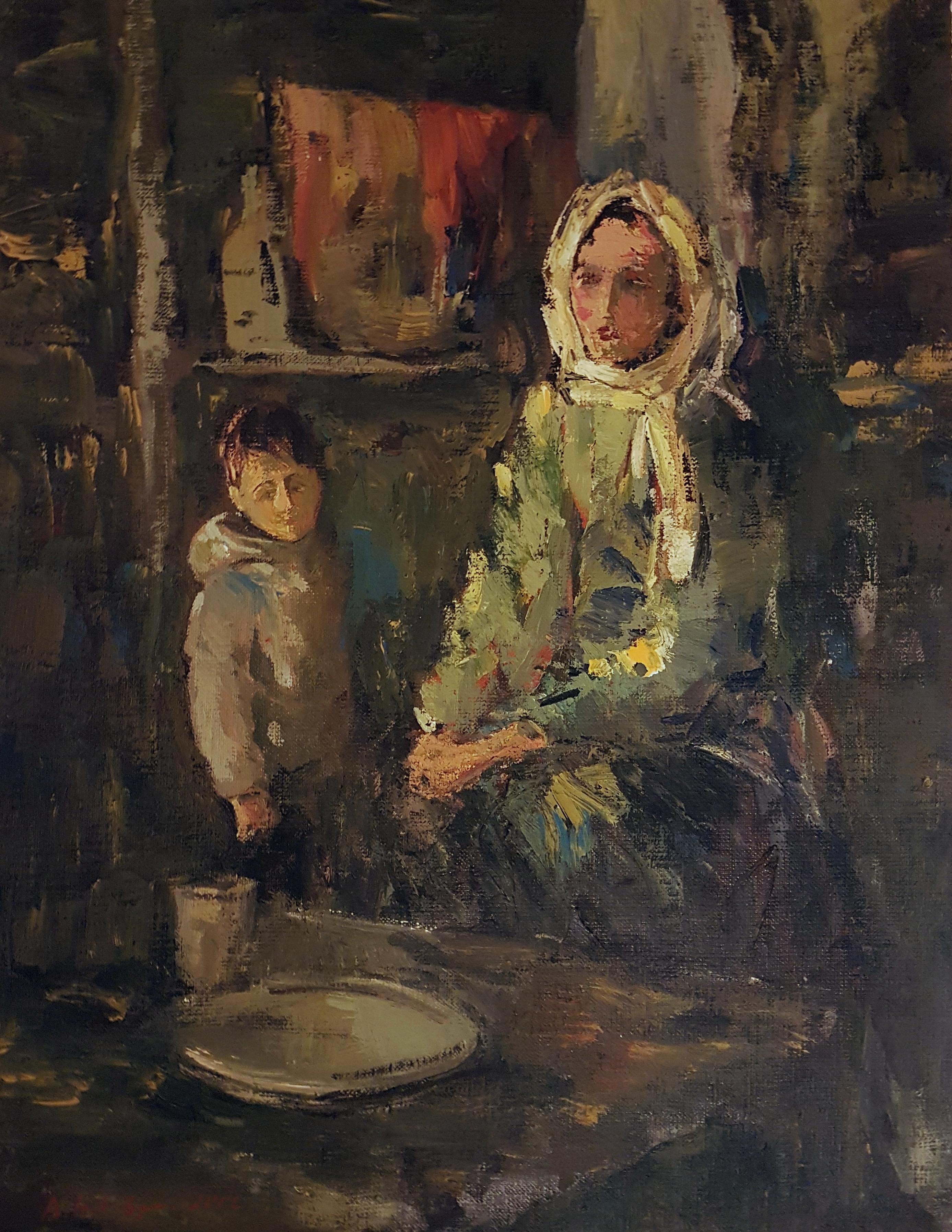 Ara H. Hakobyan Figurative Painting – Waiting, Figuratives, Original-Ölgemälde, Unikat