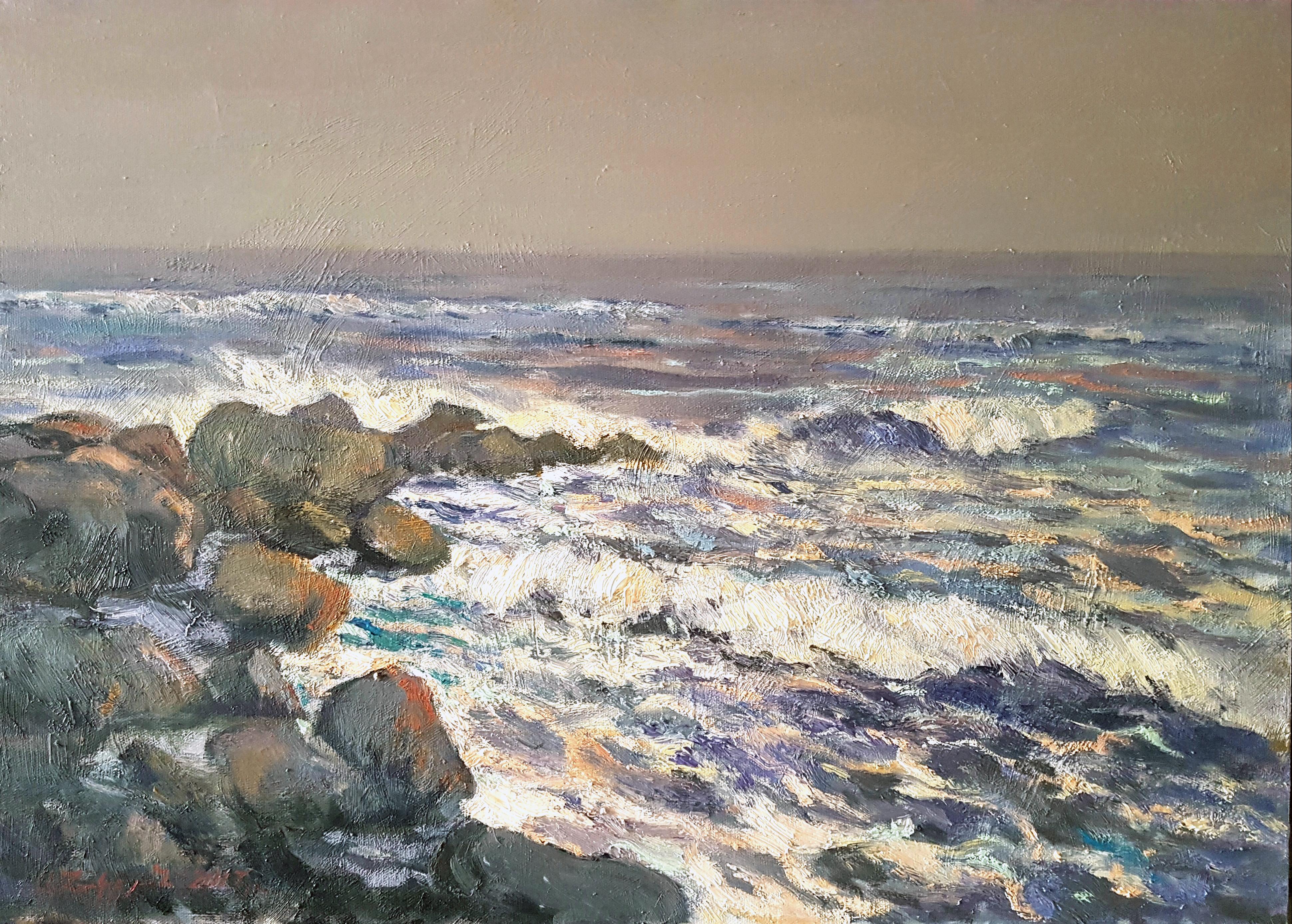 Ara H. Hakobyan Figurative Painting - Waves, Seascape, Impressionism, Original oil Painting, One of a Kind