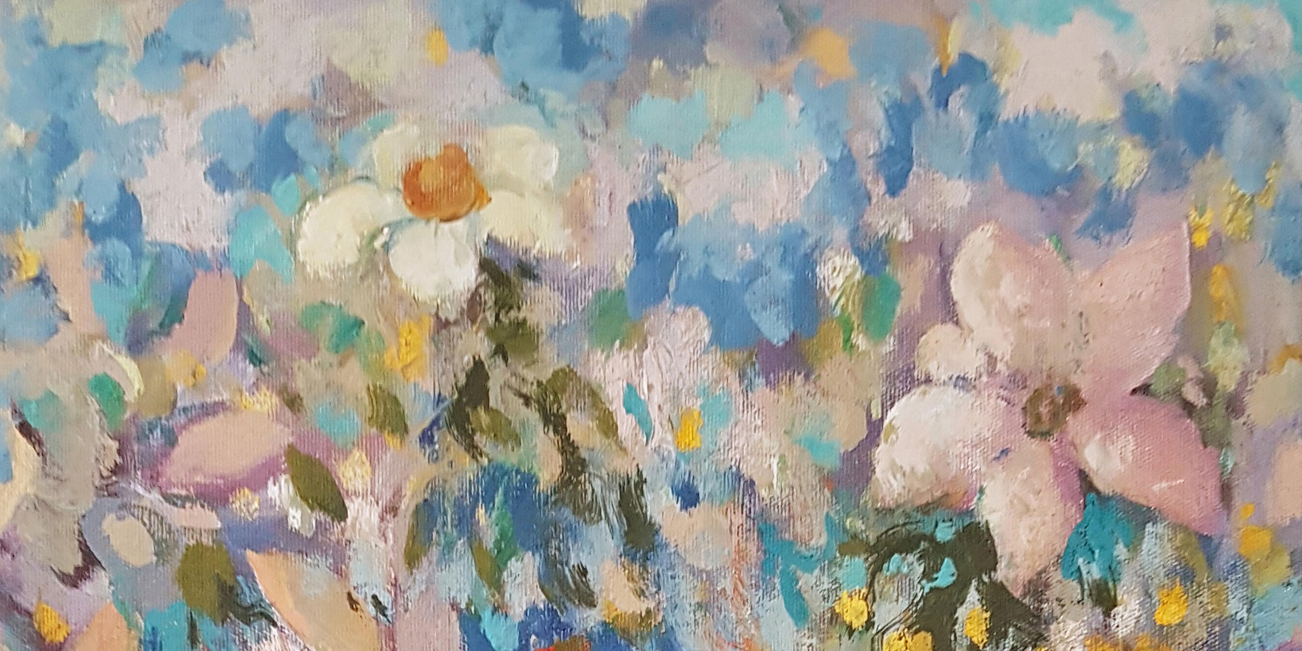 Wild Flowers, Impressionism, Original Oil Painting, One of a Kind - Gray Landscape Painting by Ara H. Hakobyan