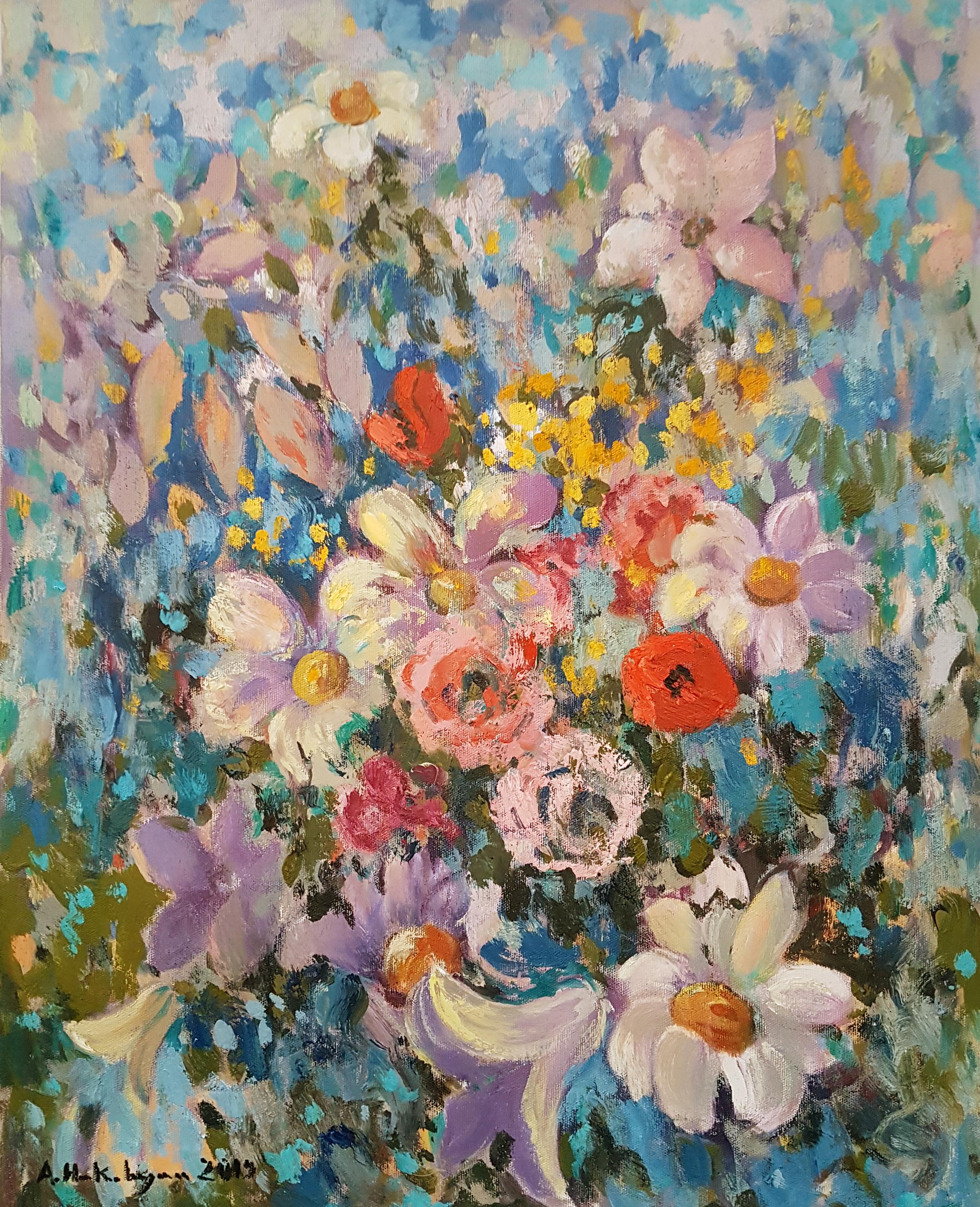 Ara H. Hakobyan Landscape Painting - Wild Flowers, Impressionism, Original Oil Painting, One of a Kind