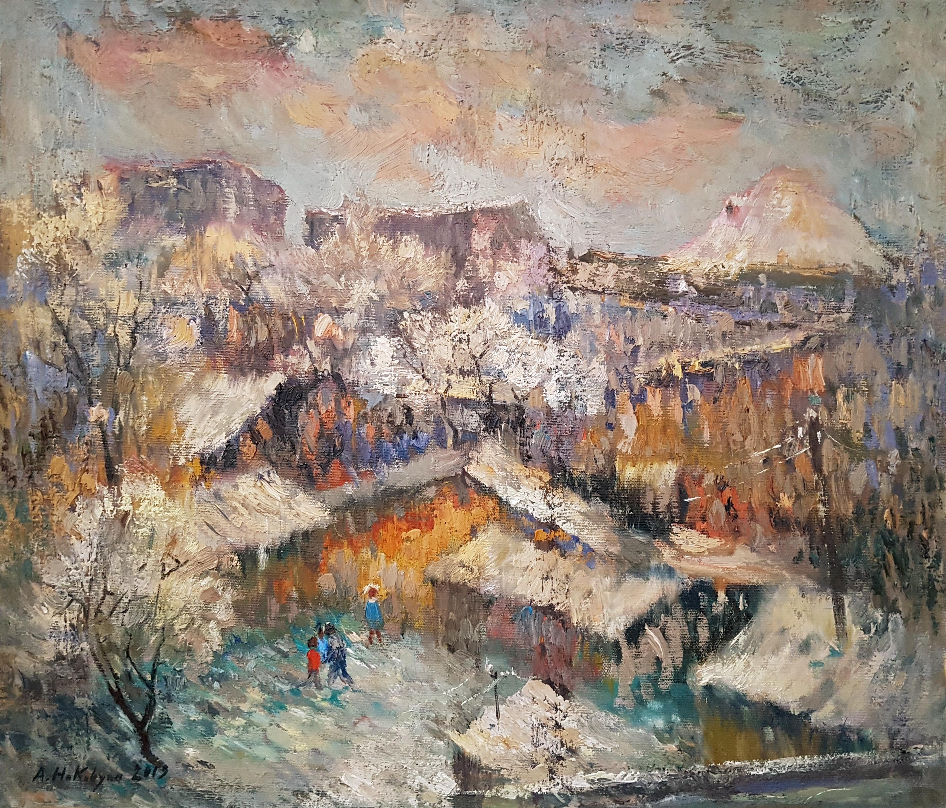 Ara H. Hakobyan Landscape Painting - Winter Day in Old Yard, Original Oil Painting, One of a Kind