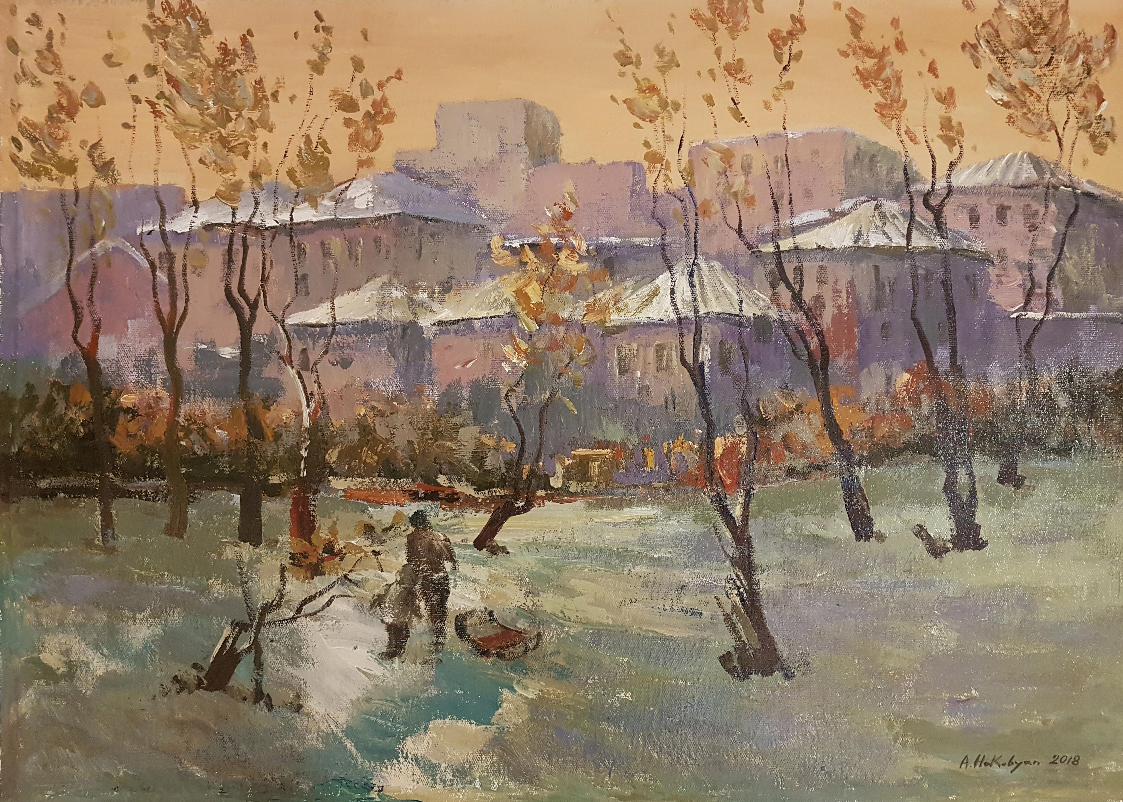 Ara H. Hakobyan Landscape Painting - Winter, Impressionism, Original oil Painting, One of a Kind
