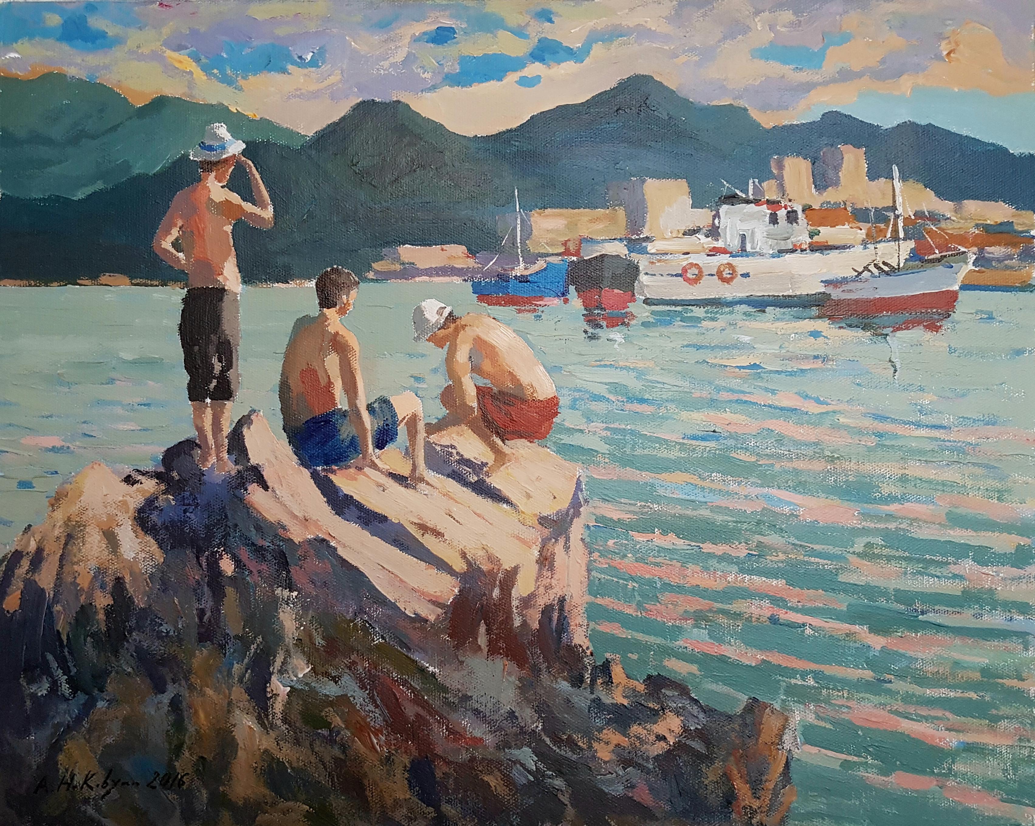 Figurative Painting Ara H. Hakobyan - Jeunes personnes sur les rochers, figuratif, peinture originale, unique en son genre