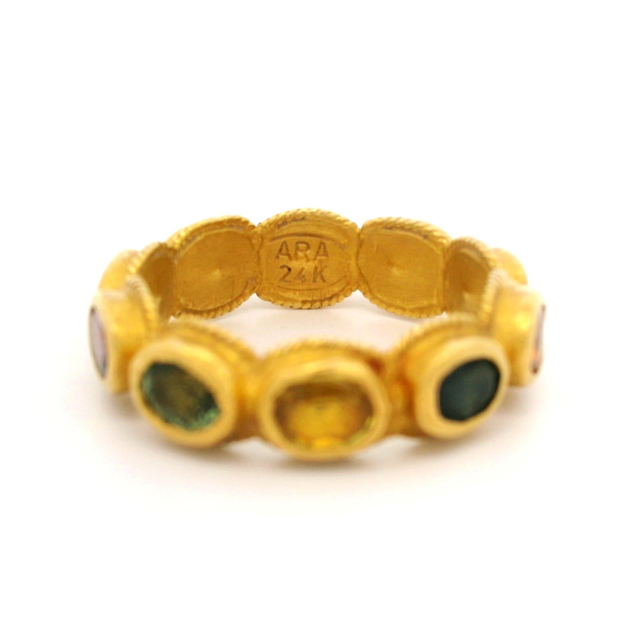 (10) Natural Genuine Multi Stones - Oval Brilliant Cut - Bezel Set - Multi Colors - 4.4x3.2 each (approx.)

Material: Solid 24k Yellow Gold
Weight: 4.73 Grams
Ring Size: 6.5( fitted on finger, we can NOT custom size this ring)
Ring Width: 5.9mm