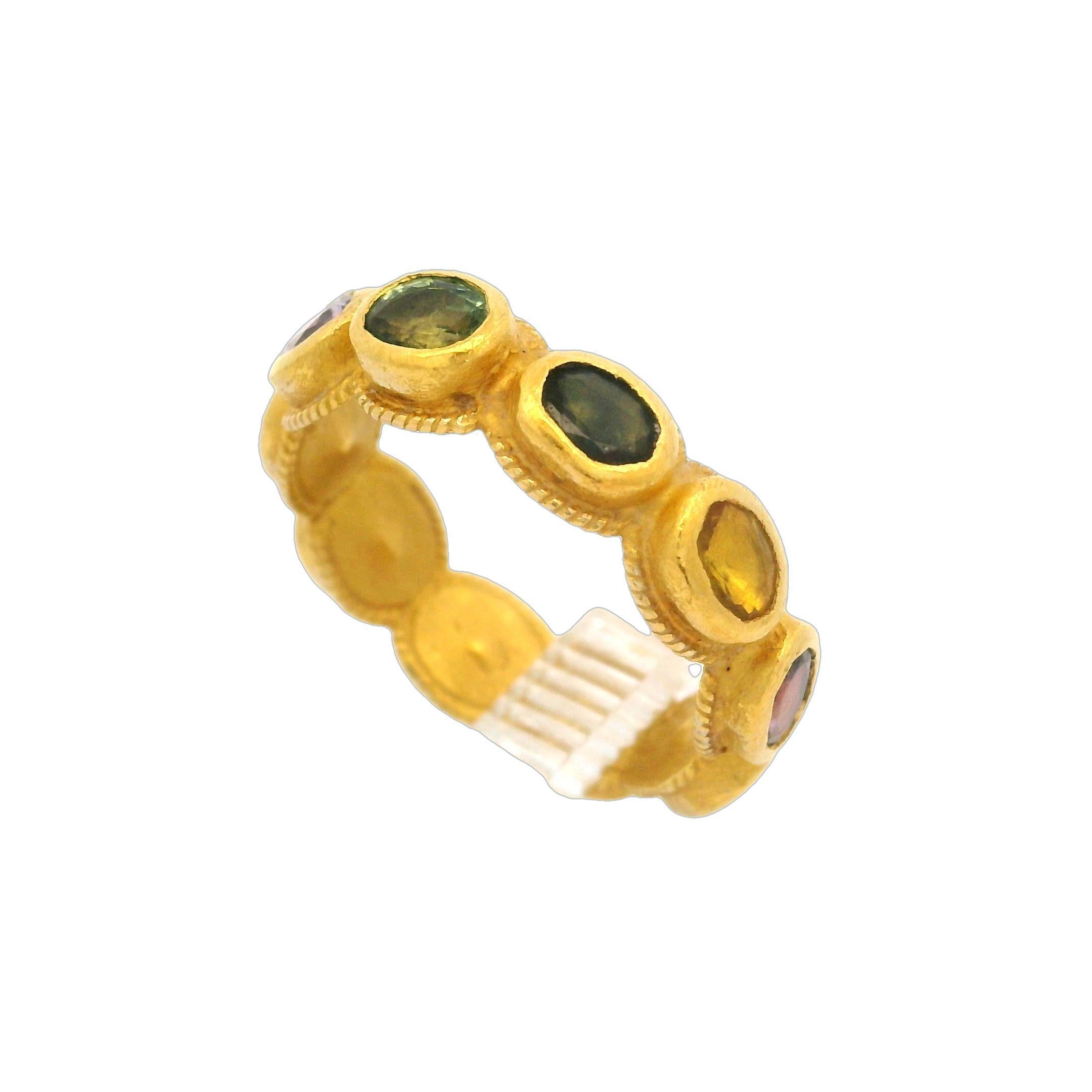ARA Handmade Solid Yellow Gold Multi Color Natural Gemstone Eternity Band Ring In Excellent Condition In Montclair, NJ