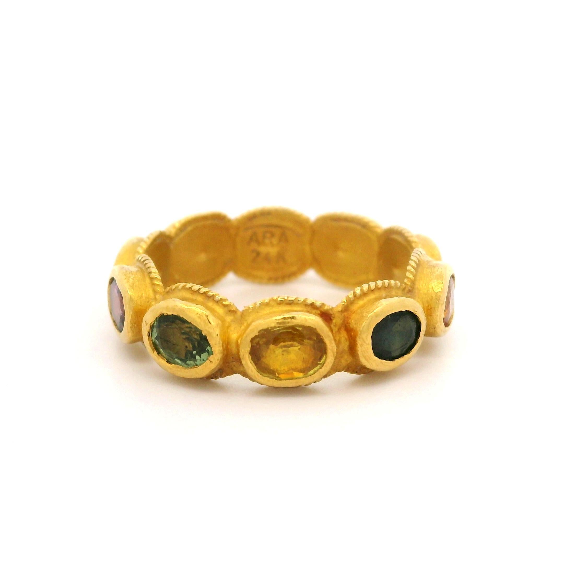 Women's ARA Handmade Solid Yellow Gold Multi Color Natural Gemstone Eternity Band Ring