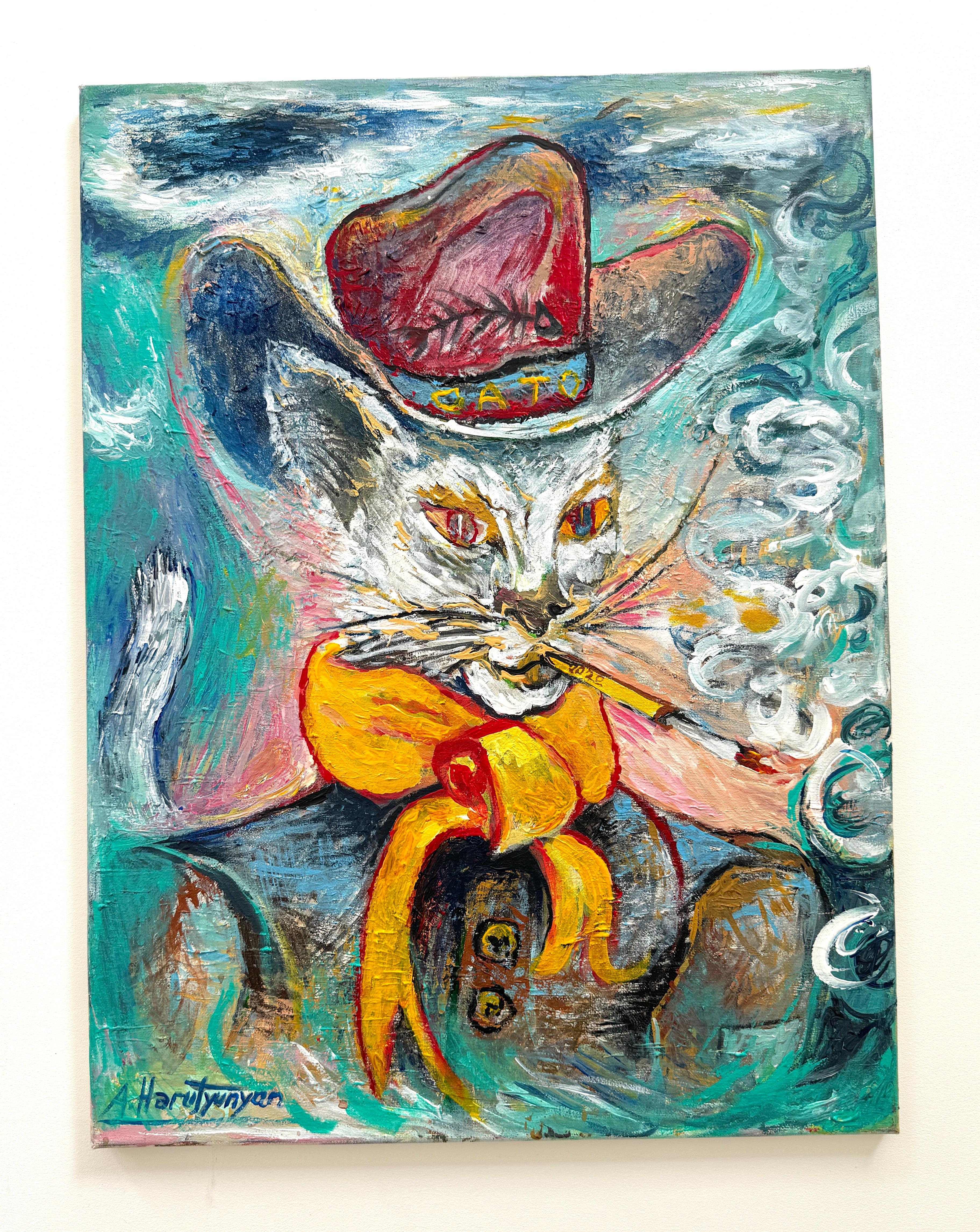 Artist: Ara Harutyunyan 
Work: Original Oil Painting, Handmade Artwork, One of a Kind 
Medium: Oil on Canvas 
Year: 2024
Style: Contemporary Art, 
Title: Cat in Boots
Size: 24