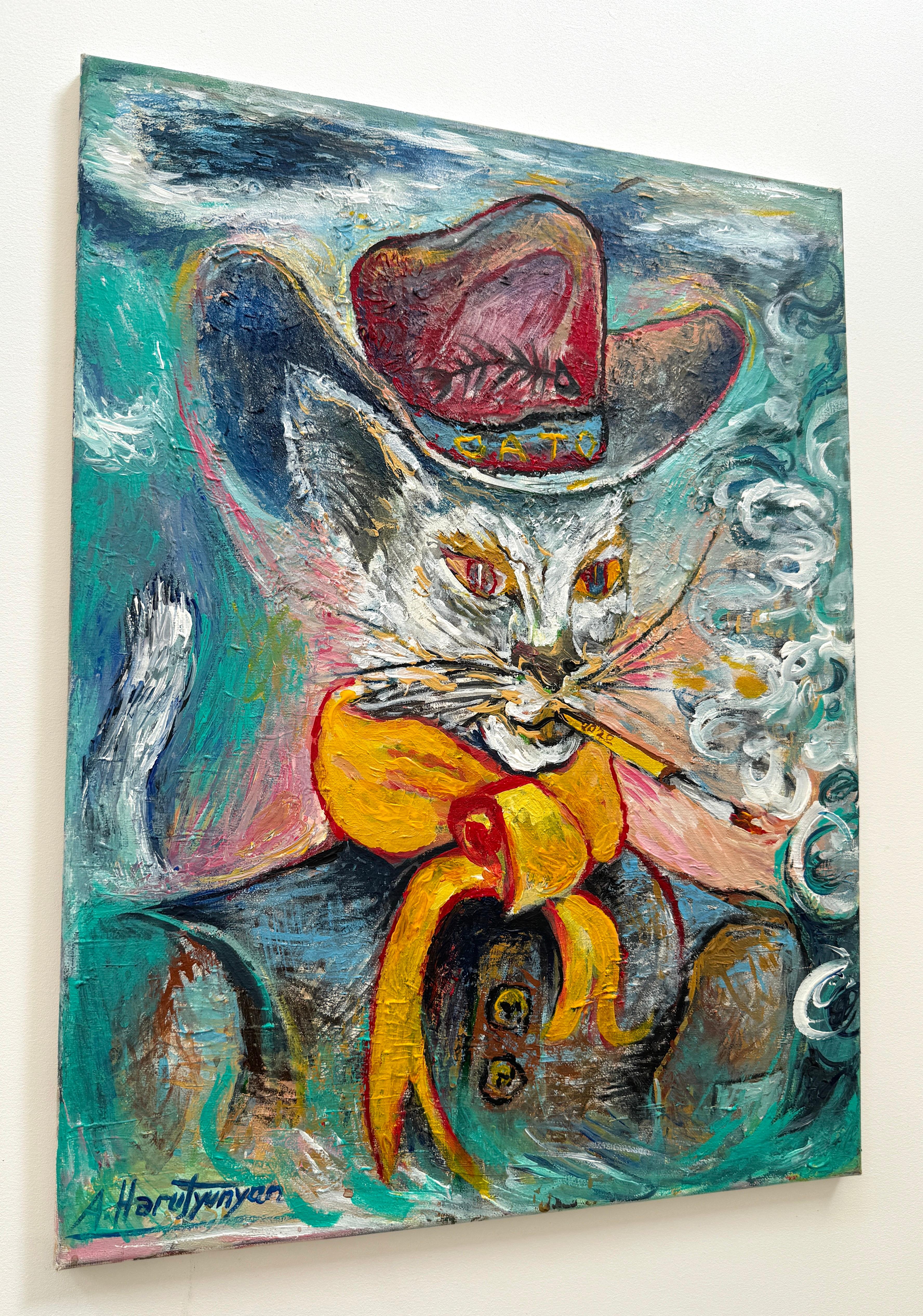 Cat in Boots, Contemporary Art, Original oil Painting, Ready to Hang For Sale 1