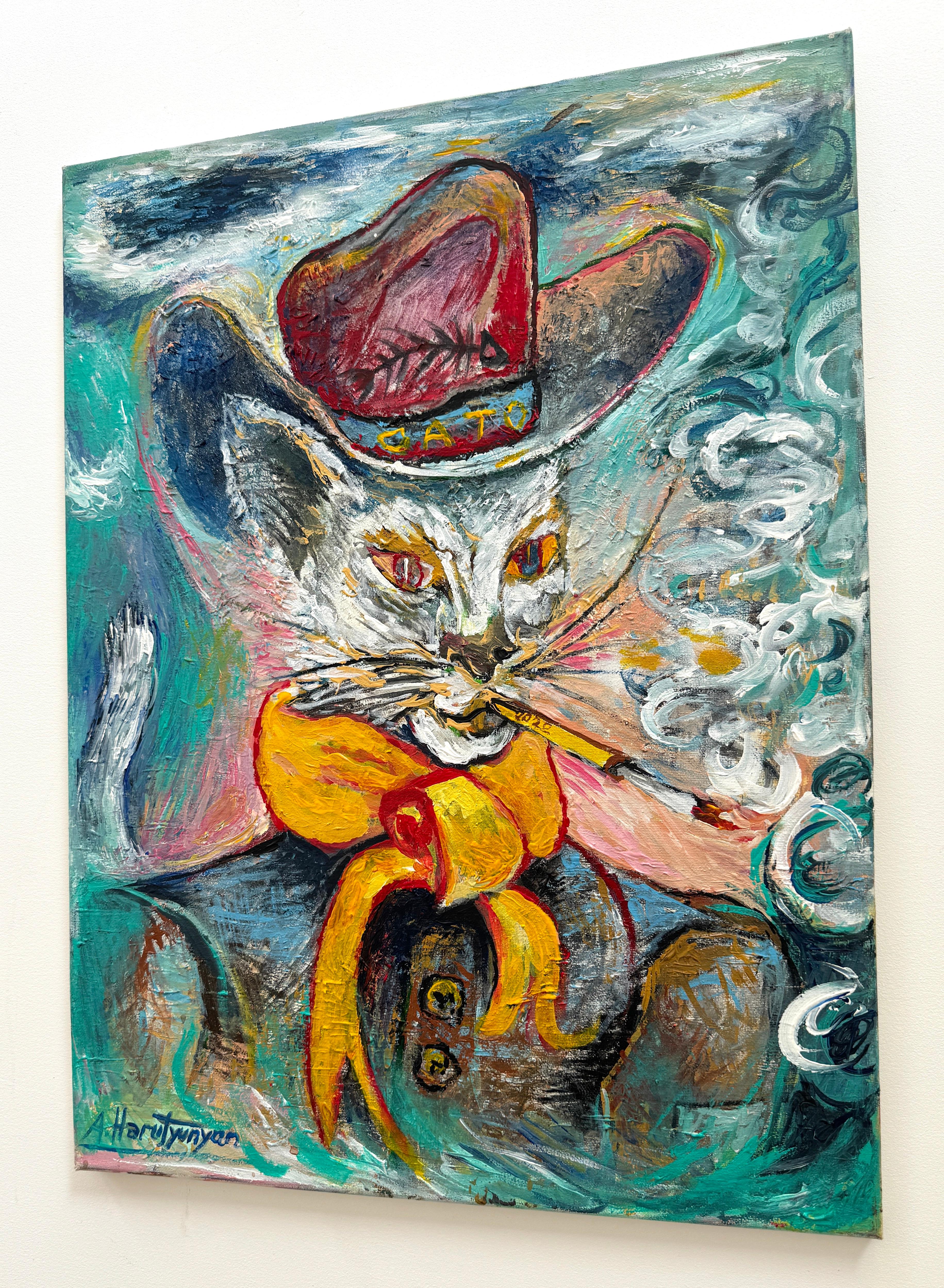Cat in Boots, Contemporary Art, Original oil Painting, Ready to Hang For Sale 2