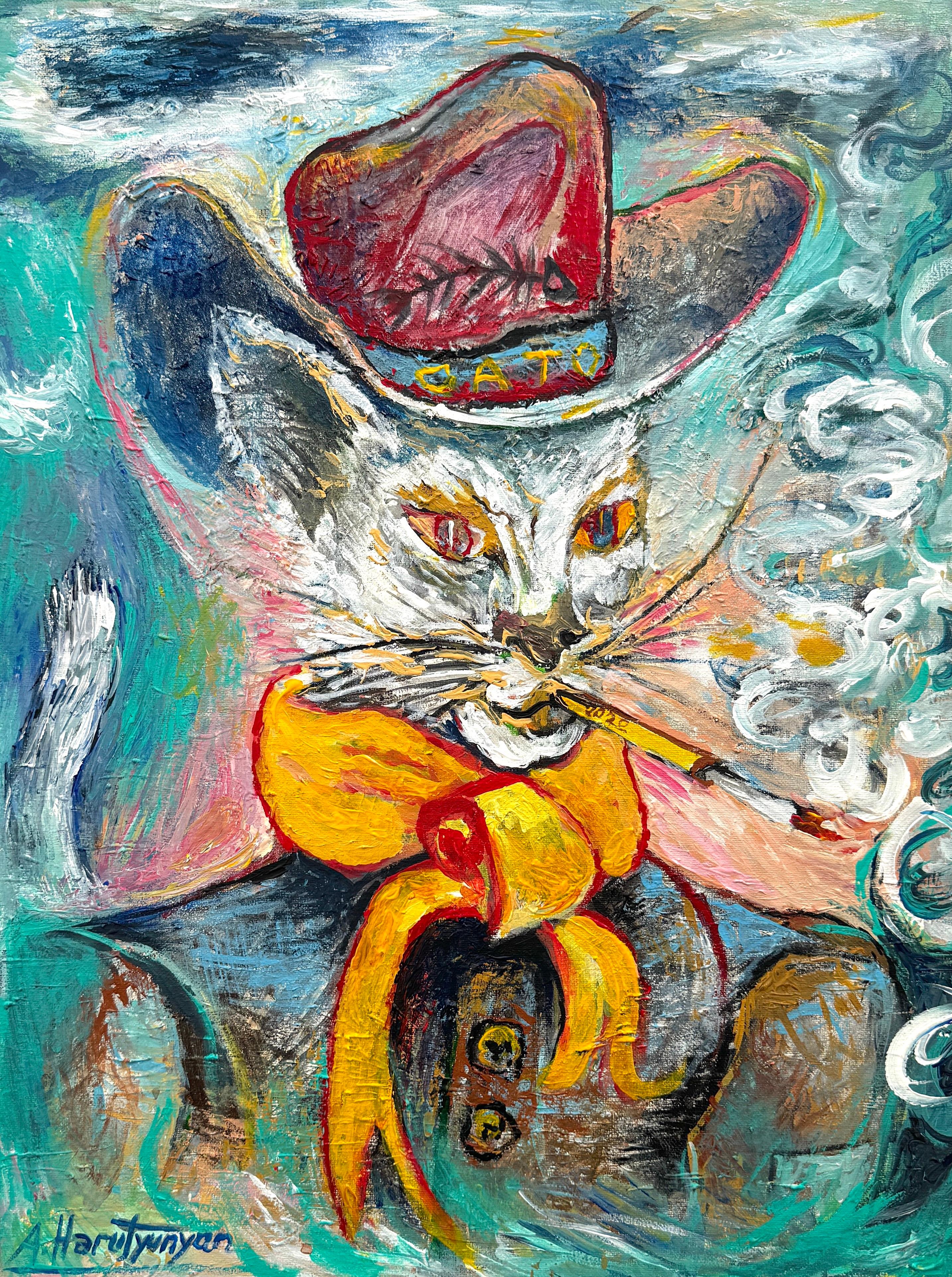 Gato con botas, Arte contemporáneo, Pintura al óleo original, Lista para colgar