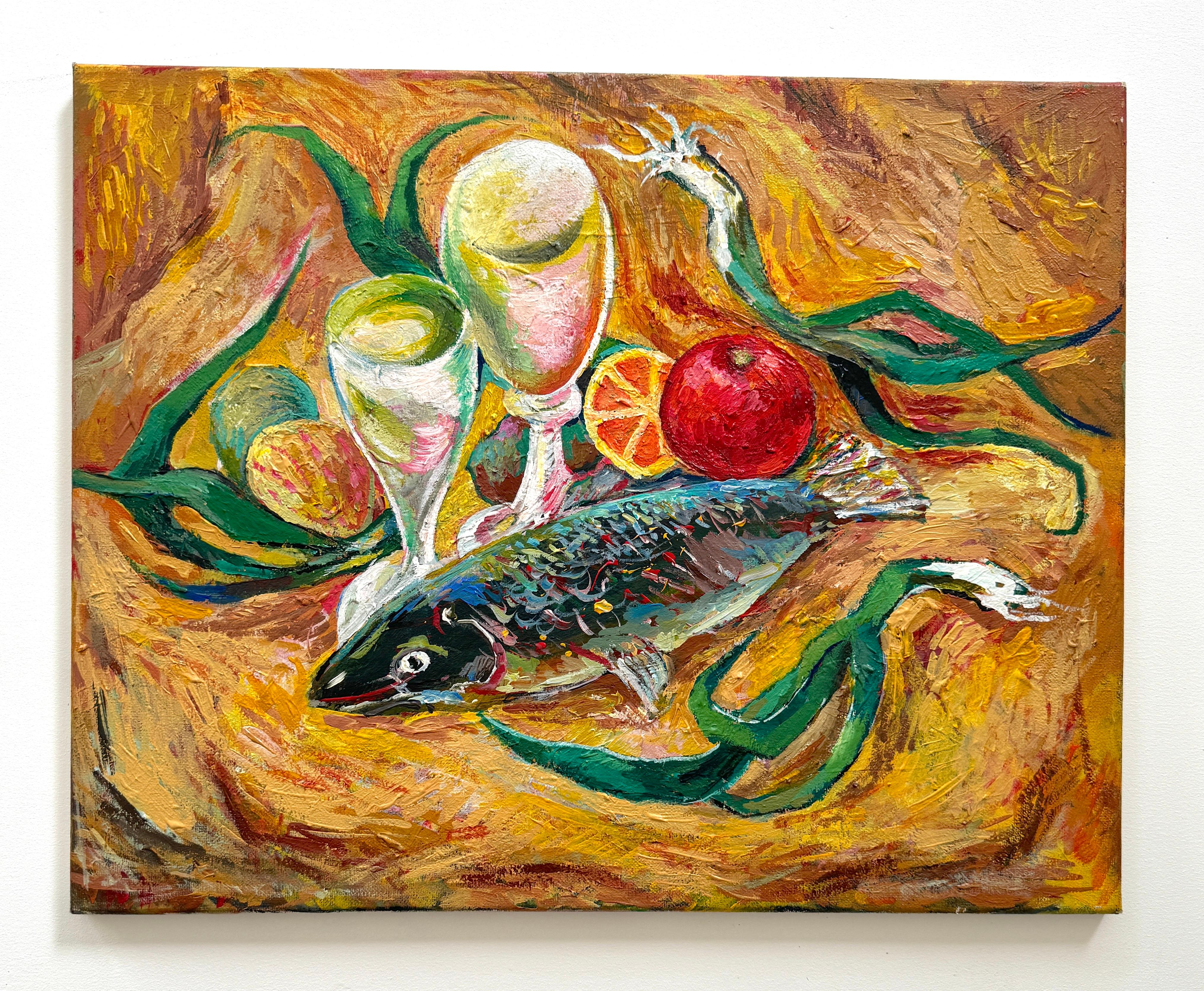 Artist: Ara Harutyunyan 
Work: Original Oil Painting, Handmade Artwork, One of a Kind 
Medium: Oil on Canvas 
Year: 2024
Style: Contemporary Art, 
Title: Still life with Fish
Size: 16
