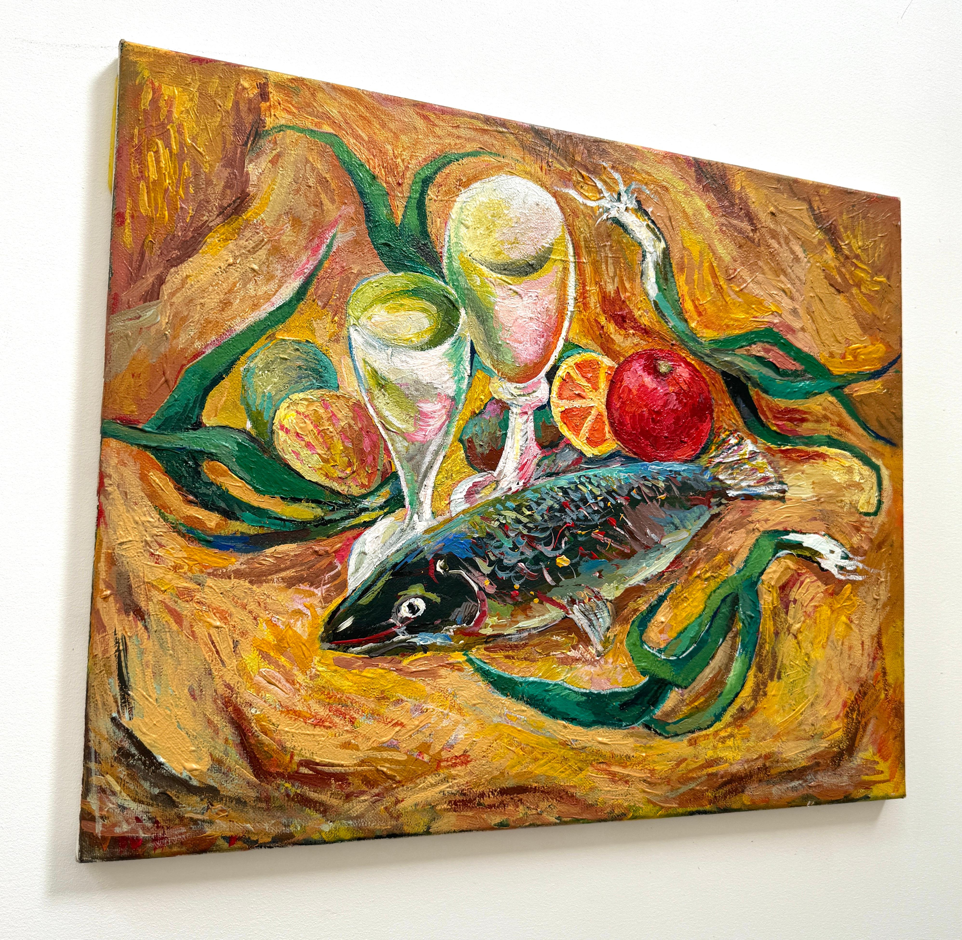 Still Life with Fish, Contemporary Art, Original oil Painting, Ready to Hang For Sale 1