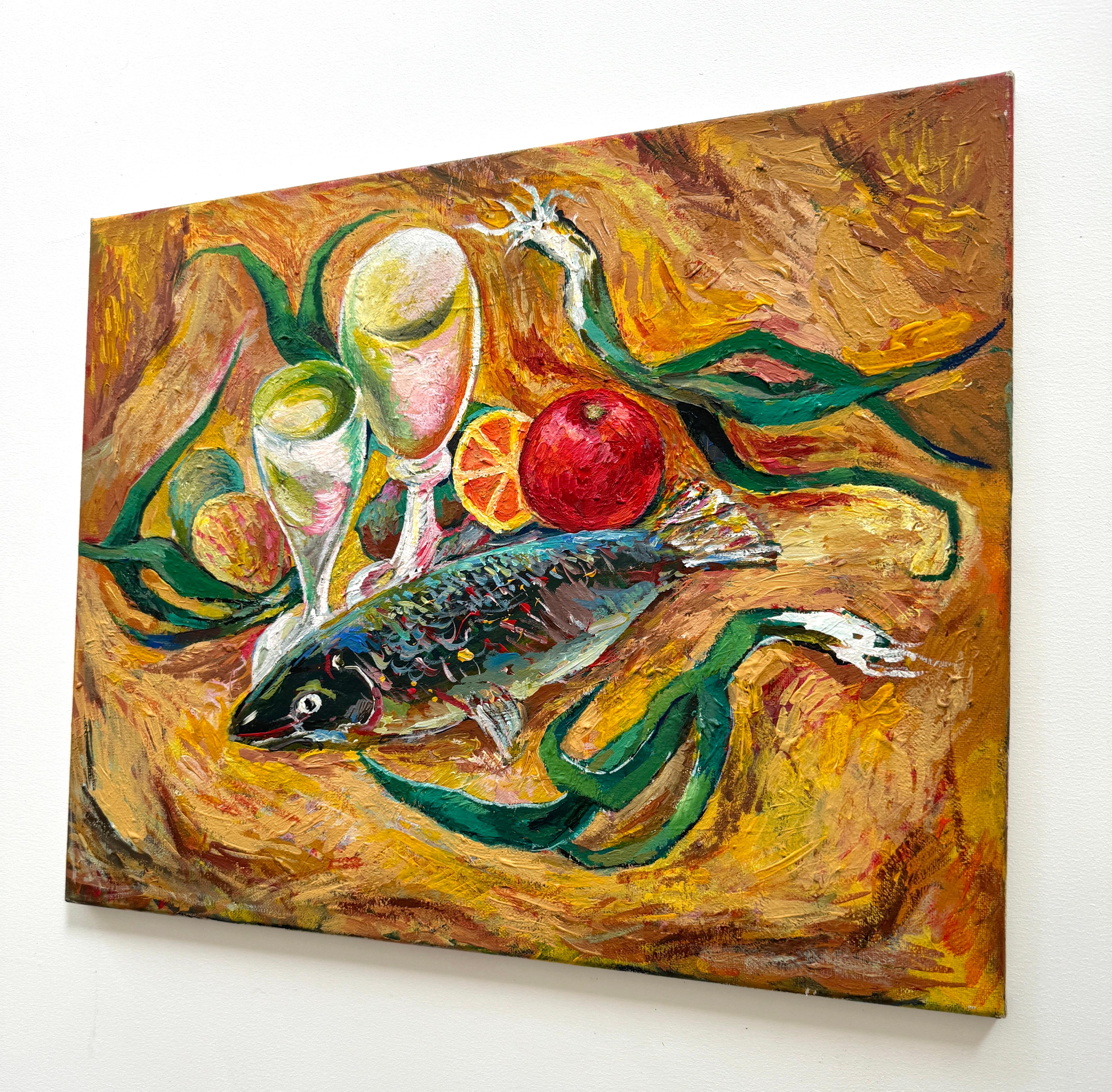 Still Life with Fish, Contemporary Art, Original oil Painting, Ready to Hang For Sale 2
