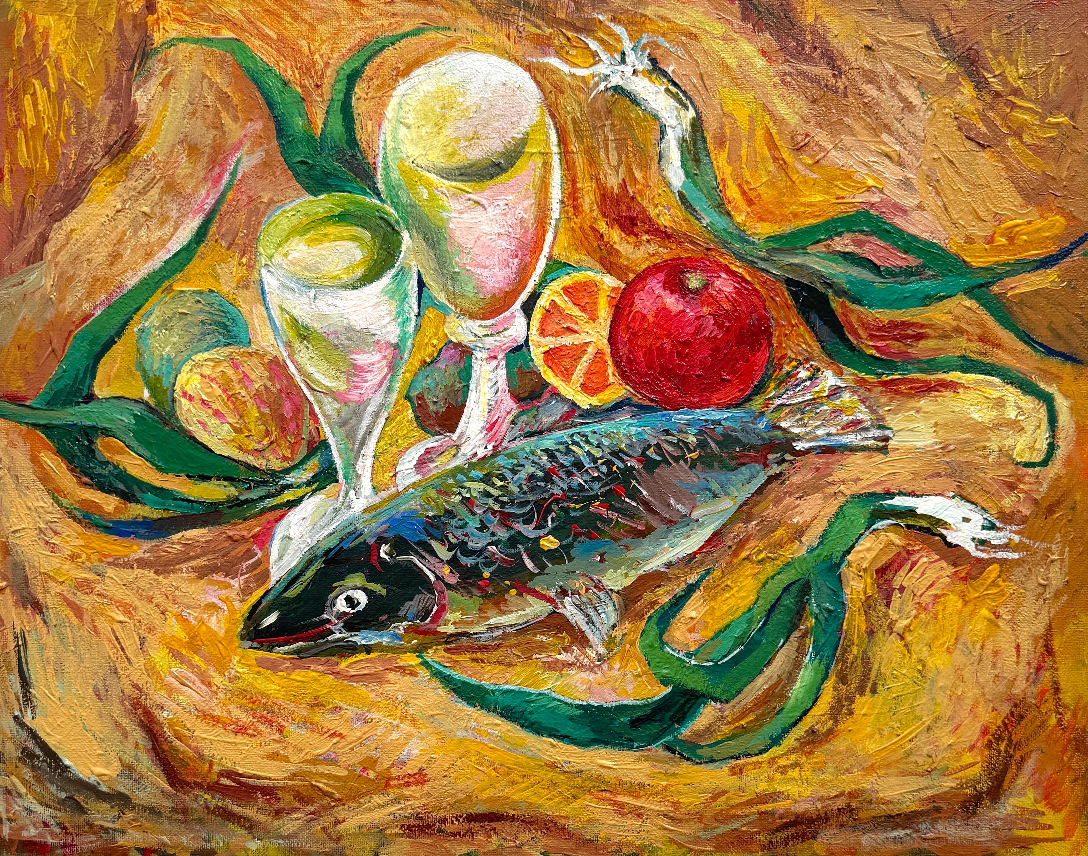 Nature morte au poisson, Art Contemporain, Peinture à l'huile originale, Prête à être accrochée