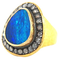 ARA Opal Diamond 24 Karat Yellow Gold Silver Cocktail Ring