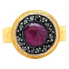 ARA Ruby Diamond 24 Karat Yellow Gold Silver Halo Ring