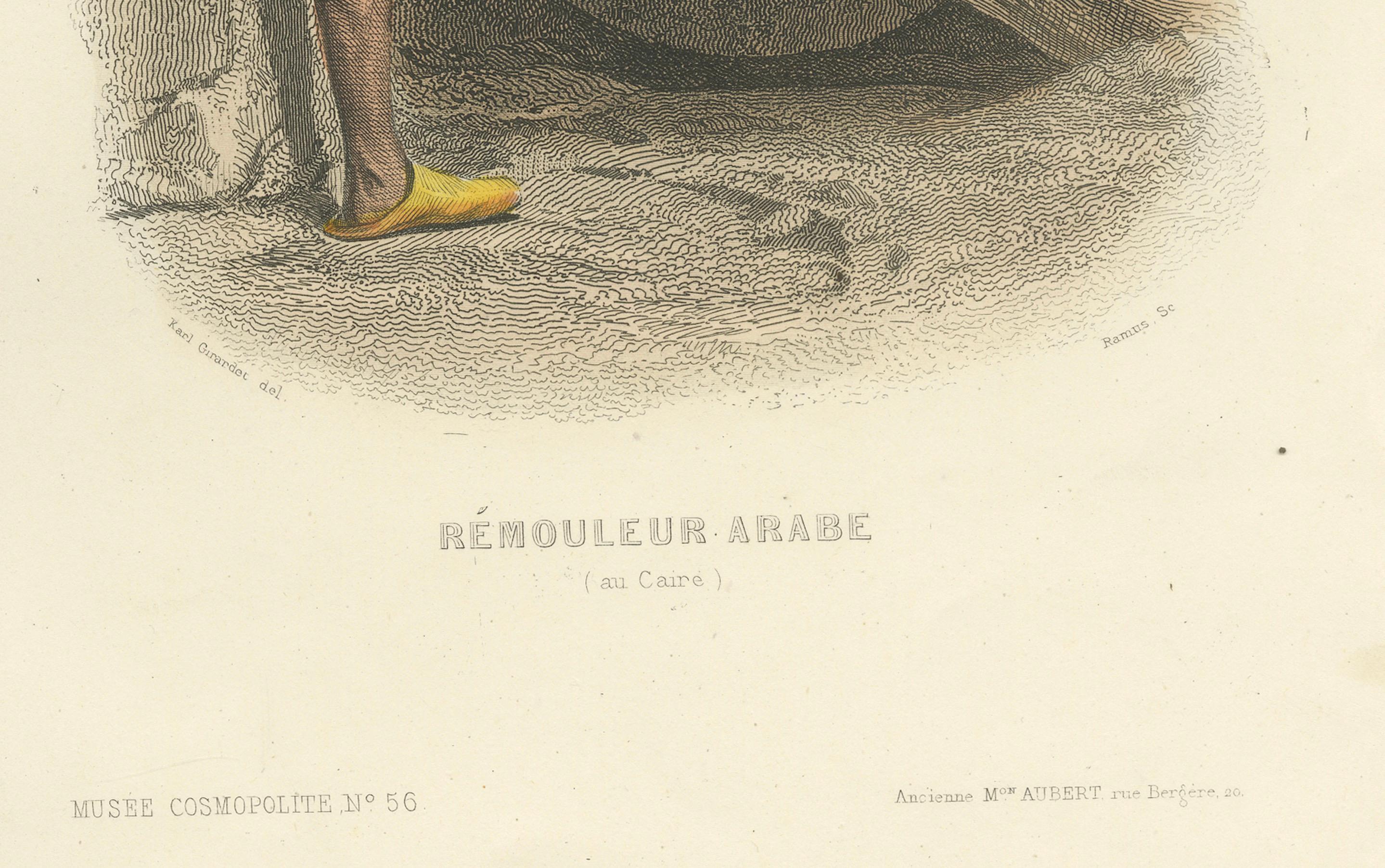 Arabischer Messerschleifer Druck Kairo Ägypten 1853 von Compte-Calix - Handkolorierte Lithographie

Dieser faszinierende antike Druck zeigt einen arabischen Messerschleifer (Rémouleur Arabe) in Kairo, Ägypten. Es wurde von François Claudius