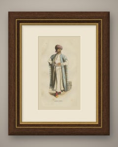 Arab Merchant in a Striped Robe, Antique Hand-Colored Costume Print, 1854