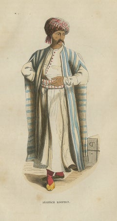 Arab Merchant in a Striped Robe, Antique Hand-Colored Costume Print, 1854