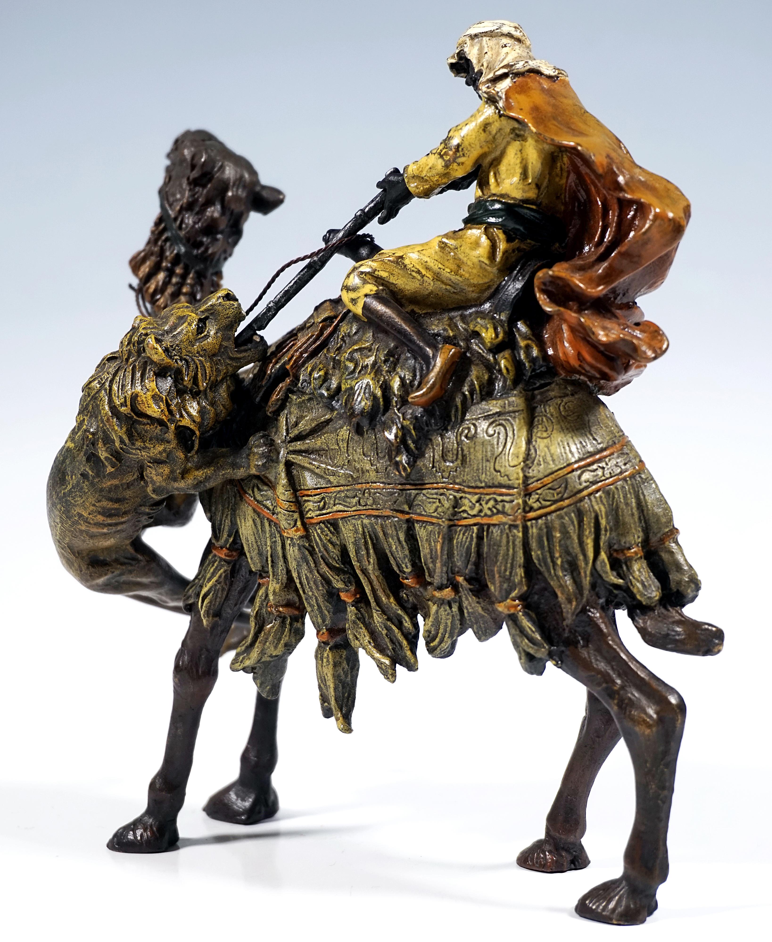 Cold-Painted Arab On Camel Shooting A Lion, Viennese Bronze by Bergmann, around 1900 For Sale