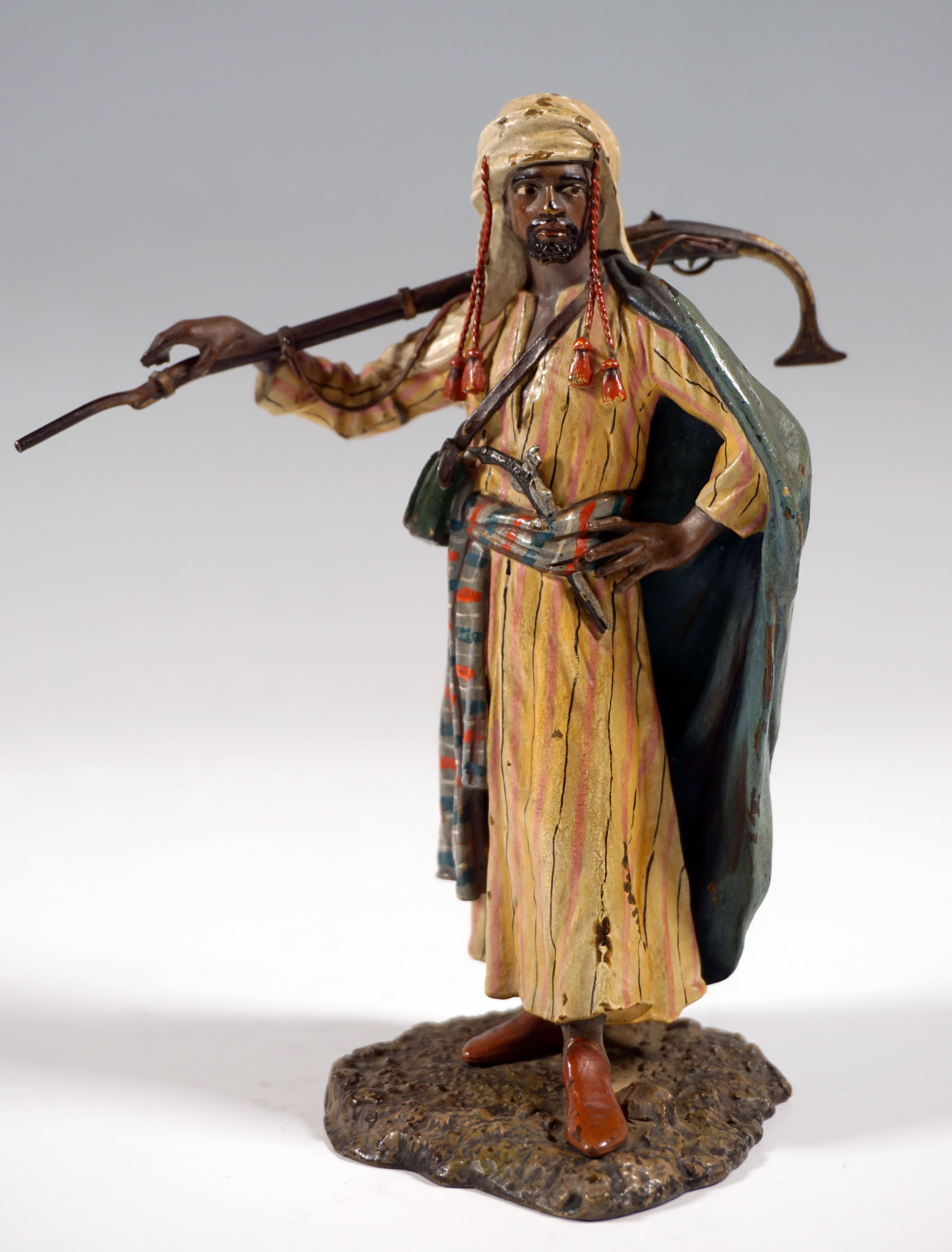 Cold-Painted Arab with Rifle and Musket, Viennese Bronze Figure by Bergmann, Around 1900